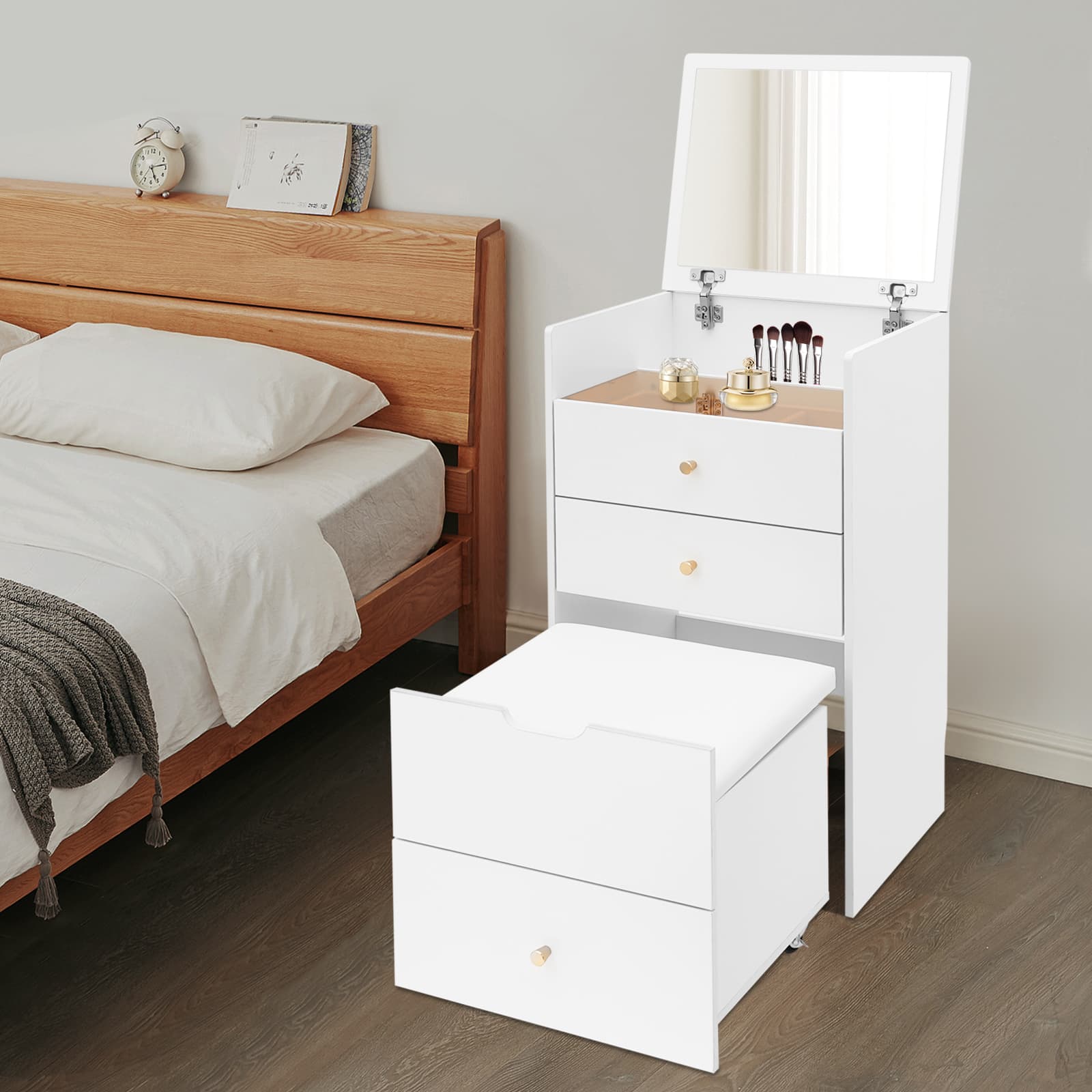 Dressing table small size flip-top - with mirror,Makeup Desk with Mirror, Compact Dressing Table, Small Make Up Table