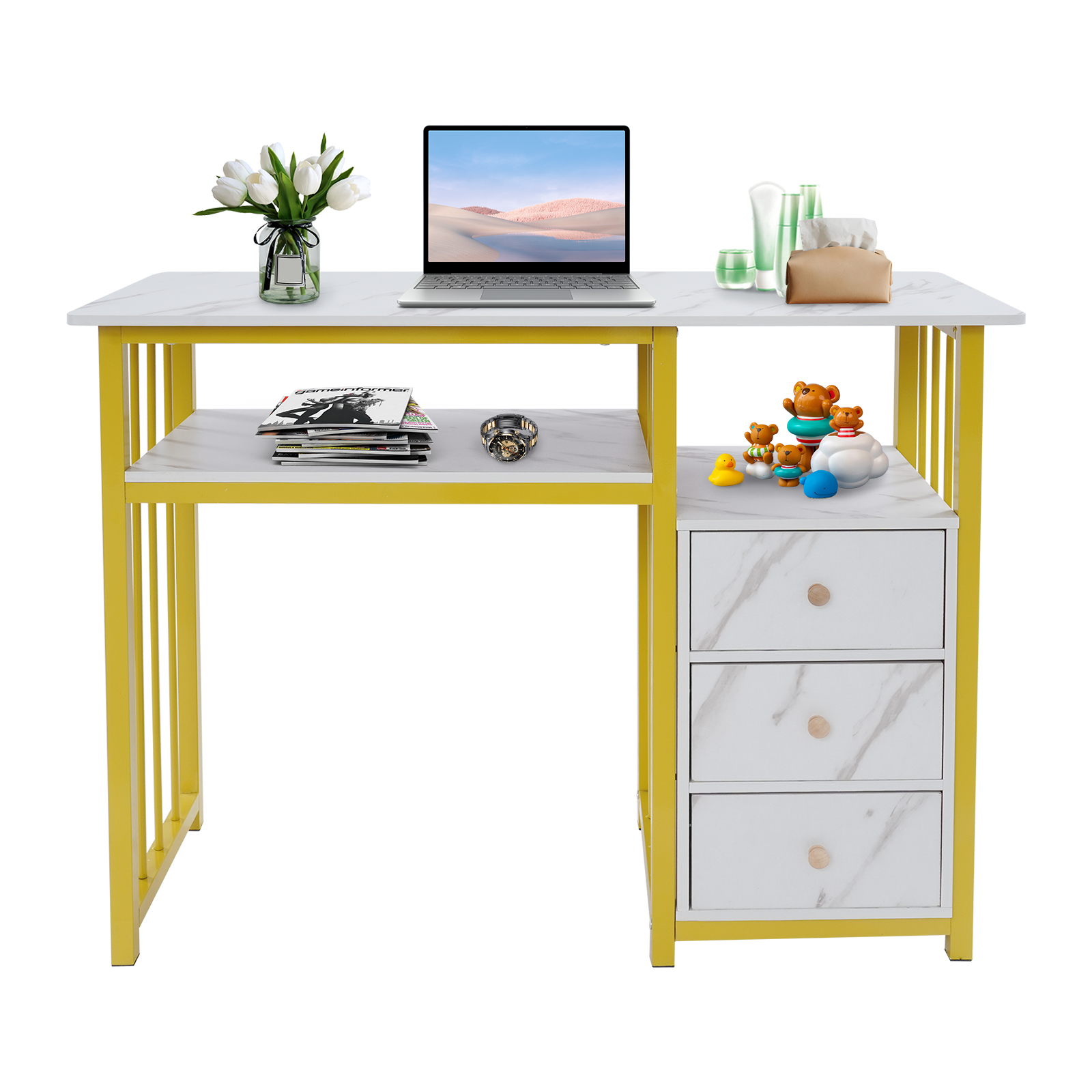 39.37*15.75*29.92in Nail Desk, Manicure Table, Marbling Texture Manicure Desk with 3 Drawers