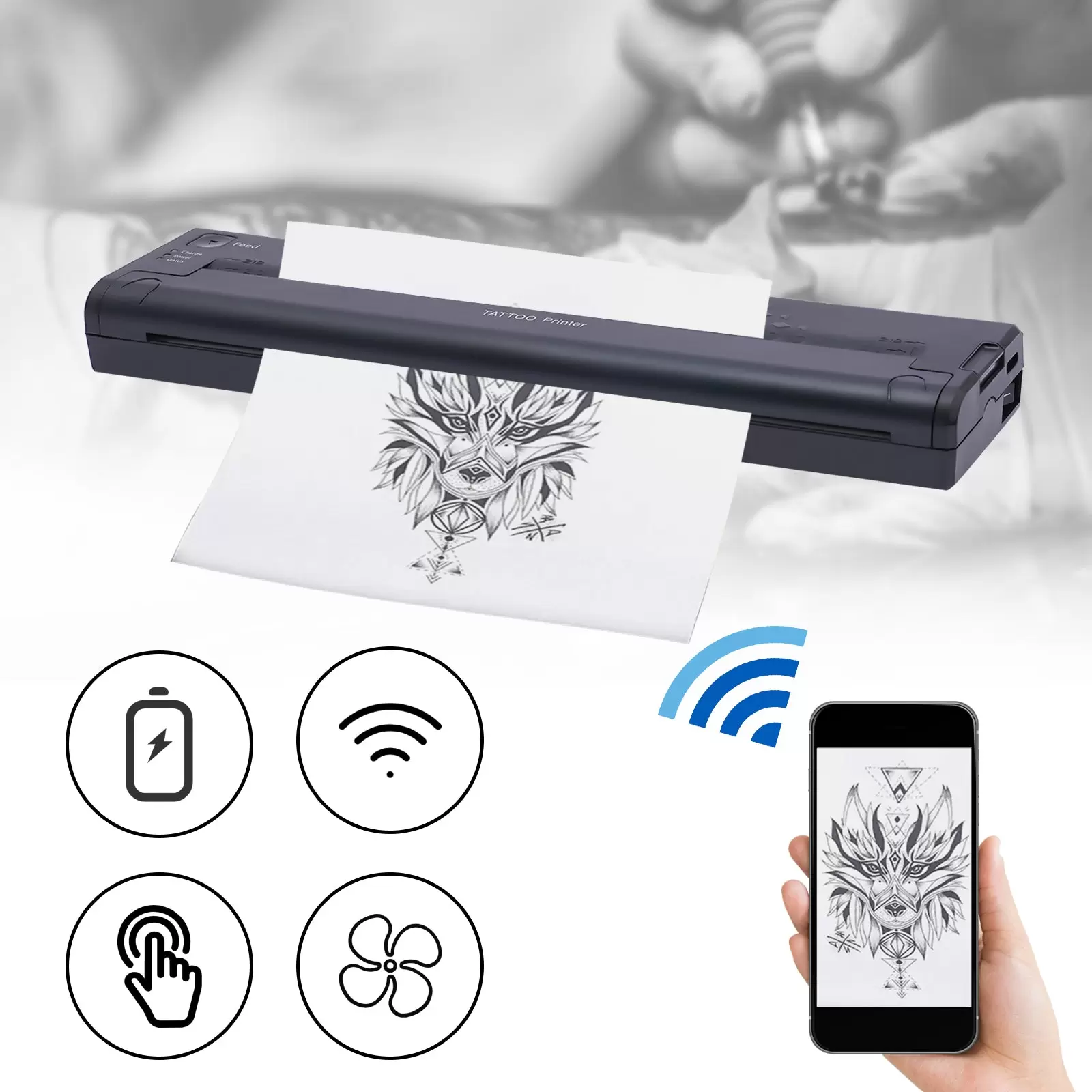 Mini Tattoo Maschine Schablonendrucker für Tattooing USB Wireless Bluetooth Stencil Drucker Schwarz Tattoo Drucker, Kompatibel mit Android, iOS Phone, Ipad & PC-Side