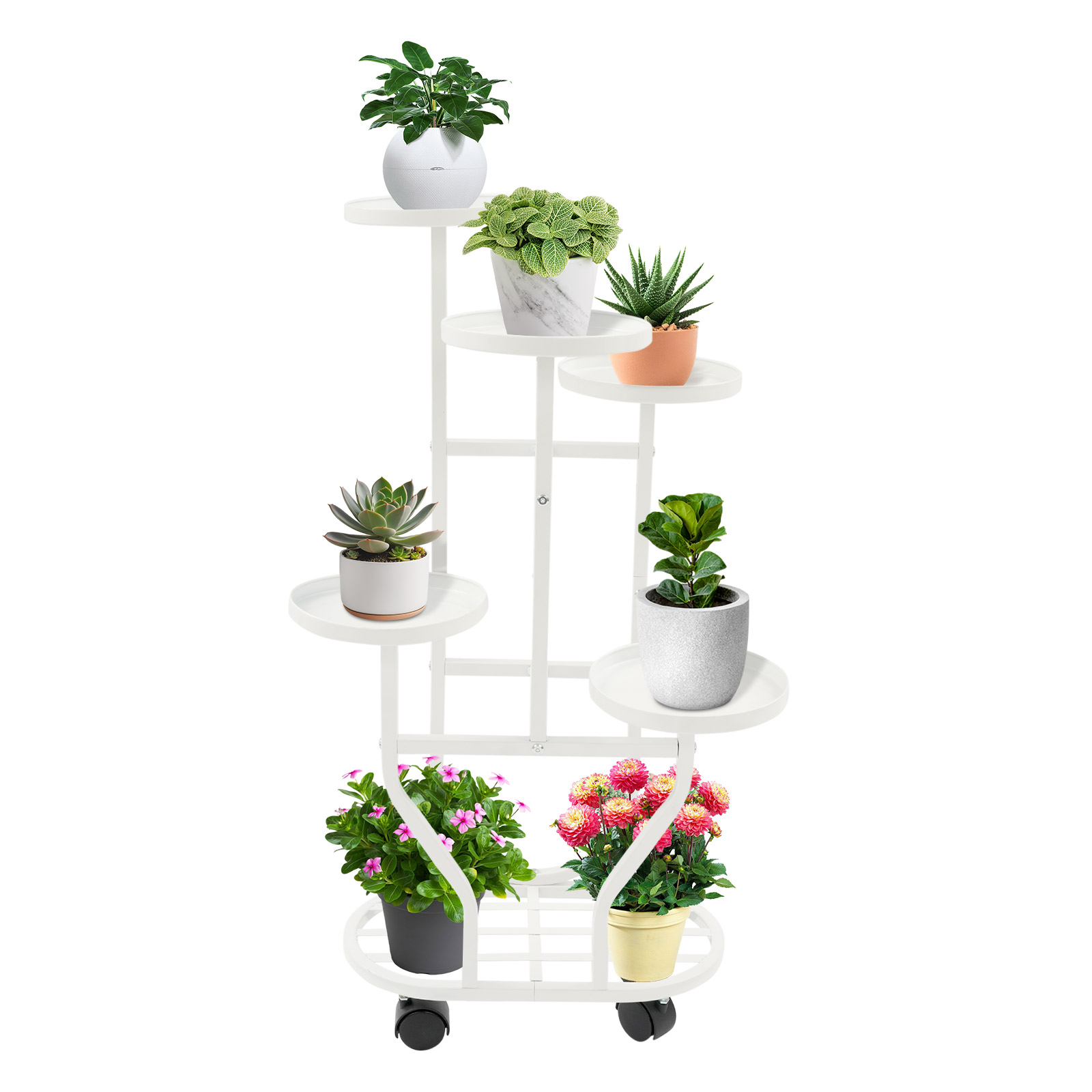 Weißer retro 5-stöckiger Eisen Pflanzenständer freistehendes Blumenregal für Innen- und Außenbereich