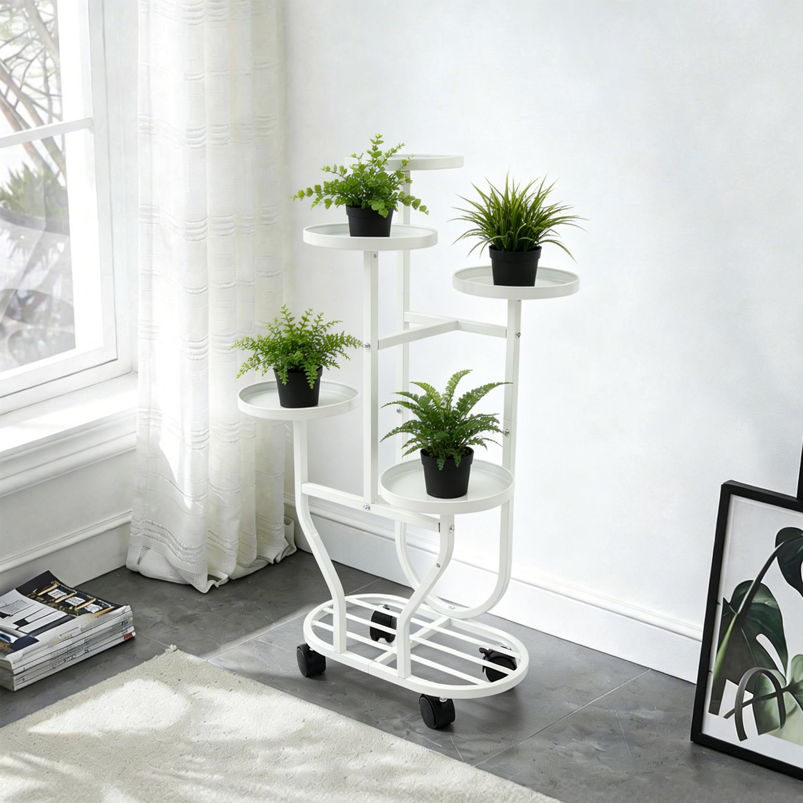Weißer retro 5-stöckiger Eisen Pflanzenständer freistehendes Blumenregal für Innen- und Außenbereich