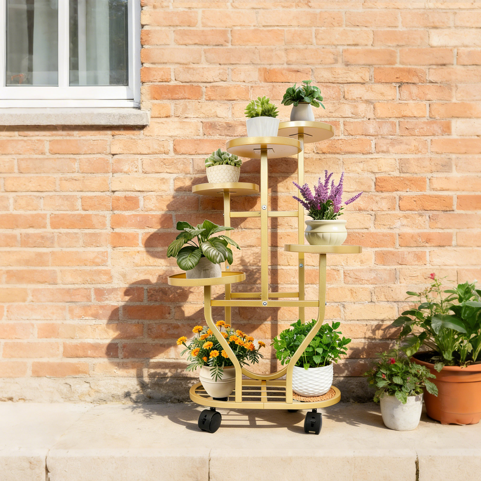 Goldener retro 5-stöckiger Eisen Pflanzenständer freistehendes Blumenregal für Innen- und Außenbereich