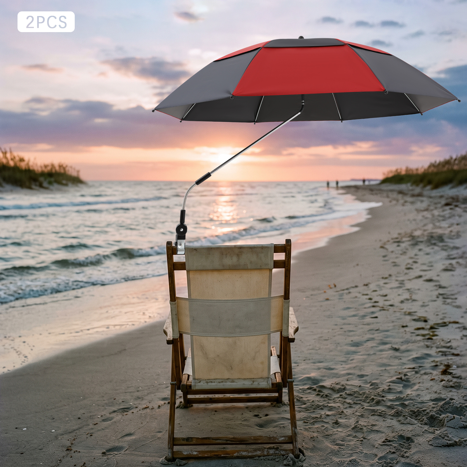 Schirm mit Klemme für Strandstuhl, tragbarer Klemm‑Sonnenschirm, 120cm 8‑Rippen‑Legierungsschirm Schwarz