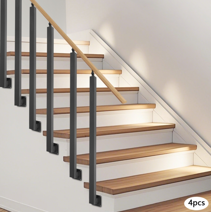100 cm quadratischer Treppengeländerpfosten, Metalltreppenpfosten, 4er-Pack, Schwarz