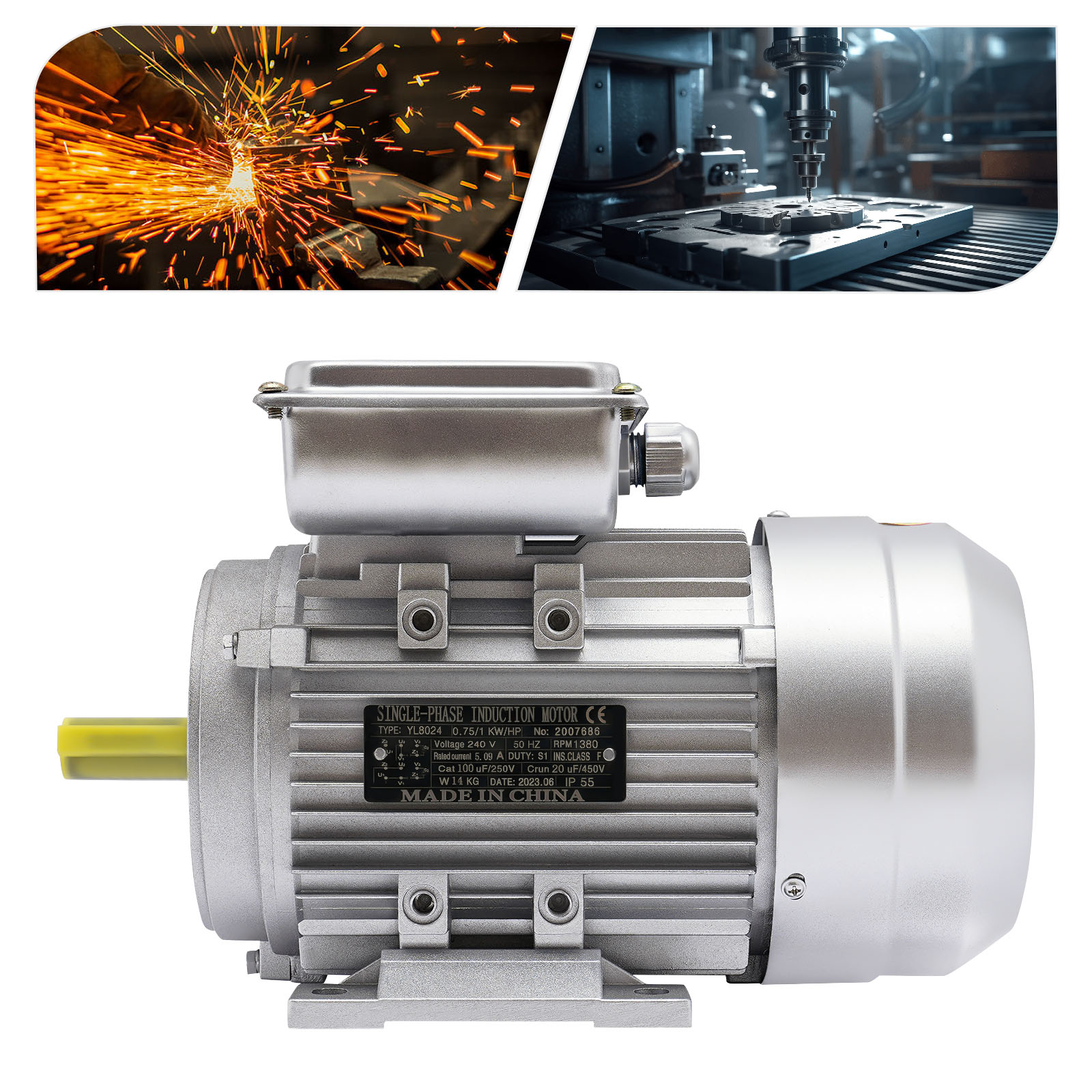 Moteur électrique 750 W – 240 V, 1380 Tr/min, Arbre 19 Mm, Rendement 71%, Monophasé, IP55, Ventilateur/machine-outil