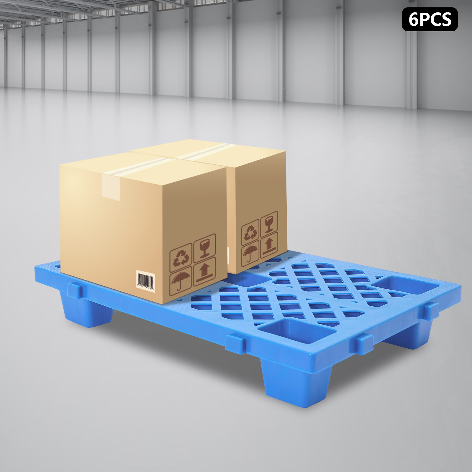 60 x 40 x 10 cm, 6 Stück Kunststoffpaletten, 6 Stück ineinander steckbare Lagerpaletten für Lager, Fabriken, Logistikzentren – Blau