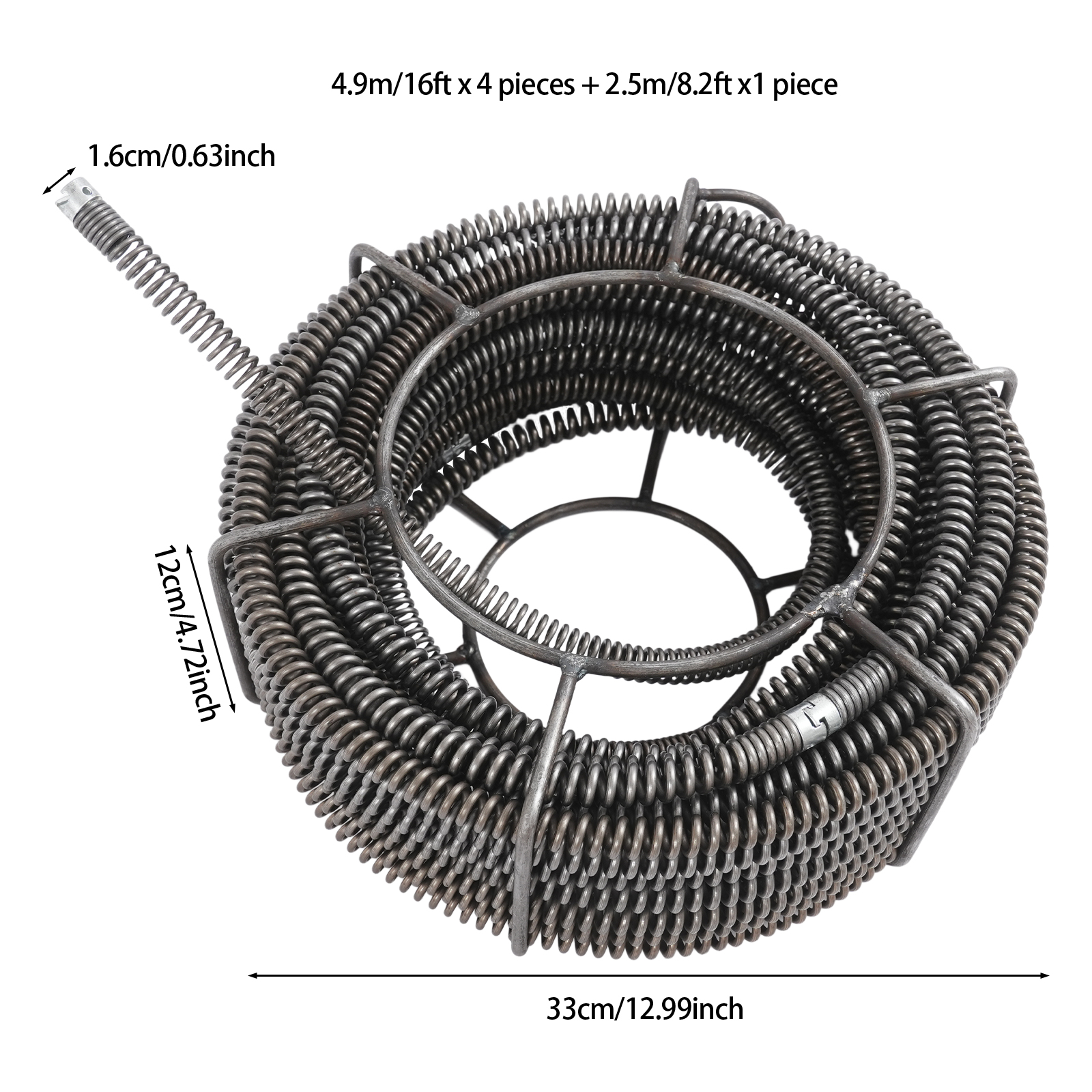 16mm 4 Sections 4.9m + 1 Section 2.5m Spring Spiral Pipe Cleaning Spirals Set, Pipe Cleaning Spirals Set, Pipe Cleaning Spiral