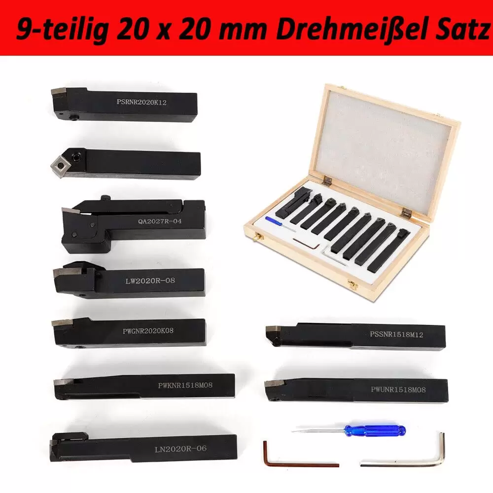 9-Teiliges Drehmeißel Drehstahl Satz 20mm HM mit Wendeplatten Drehstähle