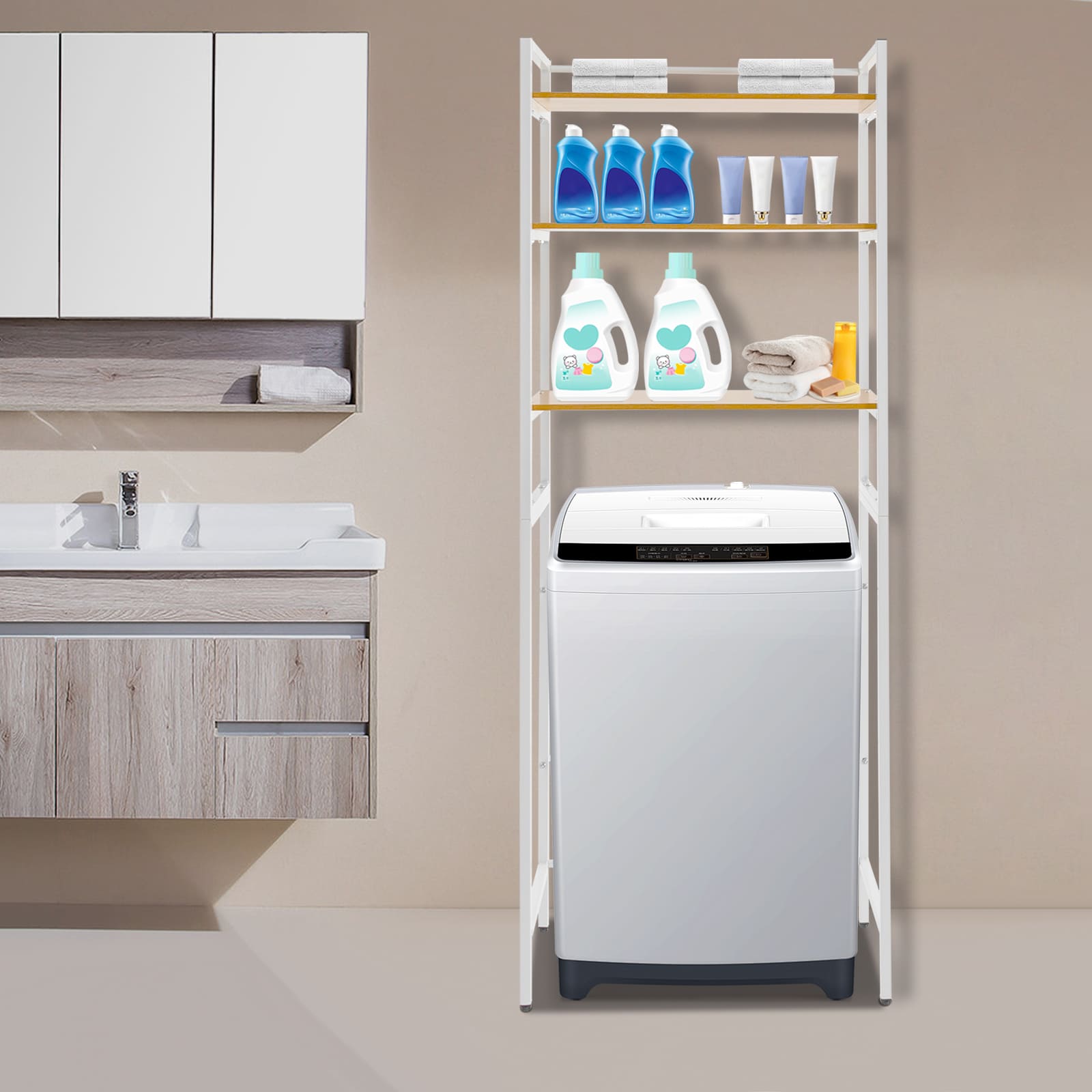 Mensola Per Lavatrice 3 Ripiani - Scaffale Da Bagno In Ferro E MDF, 69x30x181 Cm, Bianco, Regolabile E Salvaspazio Con Piano Portaoggetti