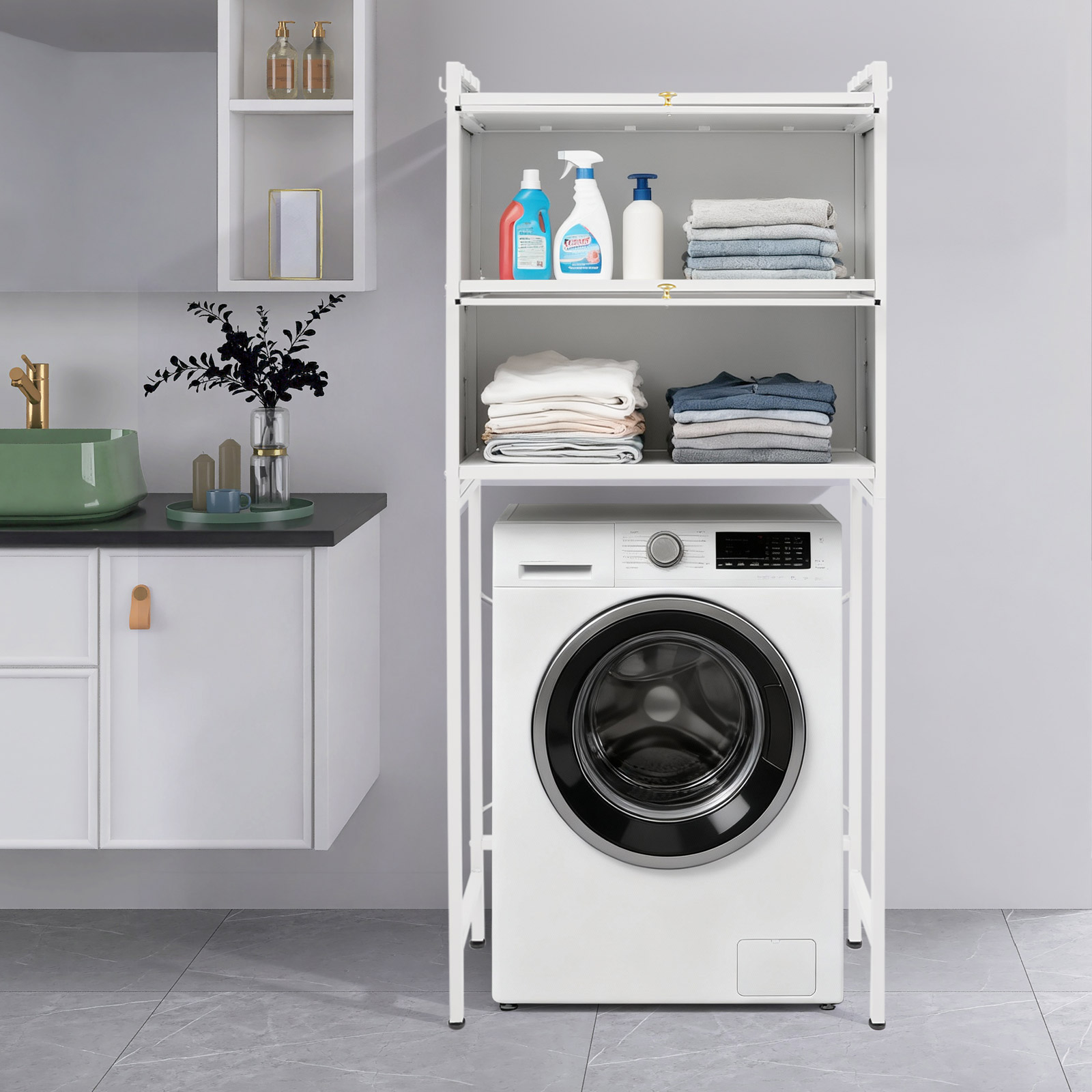 Regal mit Unterschrank, Badezimmerschrank für Waschmaschine und Trockner, Waschmaschinenschrank, weiß
