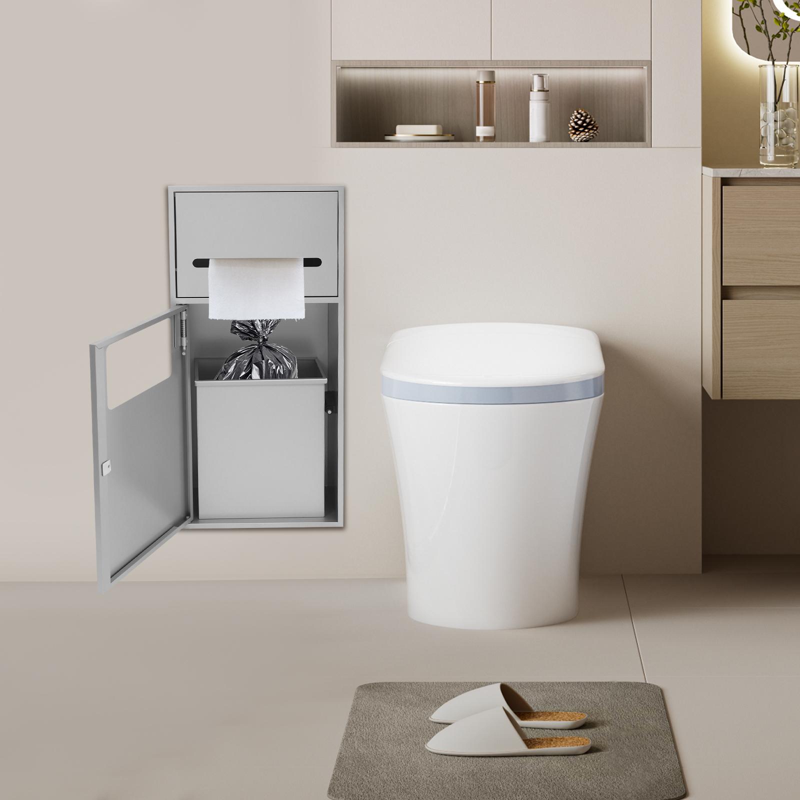 Silver 304 Stainless Steel Full Welded Recessed Trash Bin Cabinet Wall ...