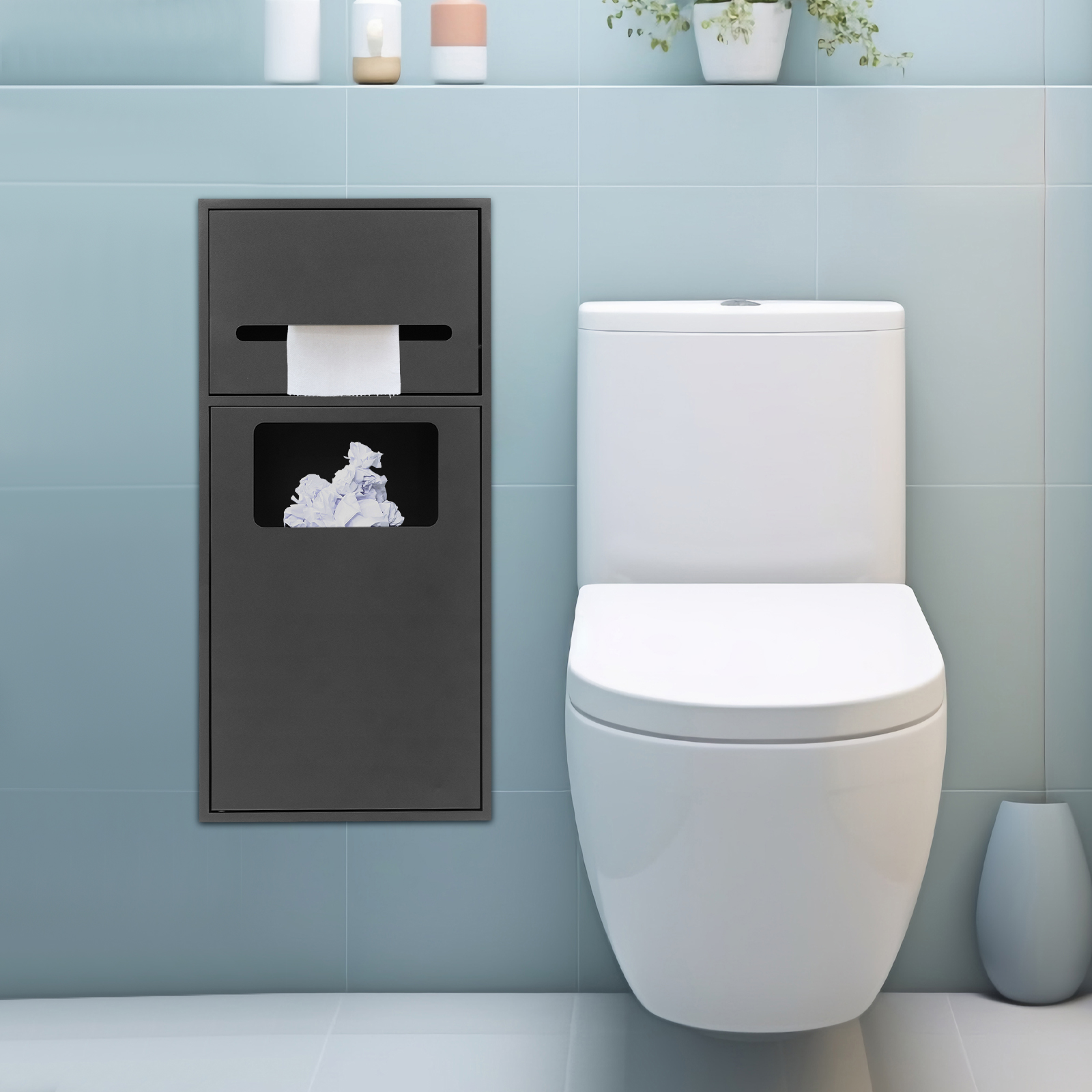 Grauer Badezimmer Mülleimer aus 304 Edelstahl, vollverschweißter Einbau-Wandschrank, rechteckiger moderner Toilettenschrank mit 20kg Tragfähigkeit