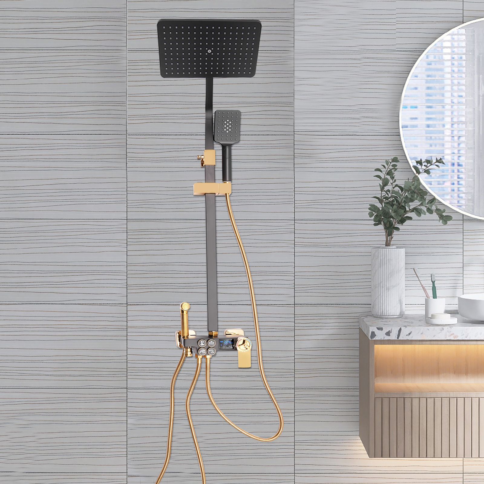 Schwarz Voll Kupfer Digitale Thermostat Dusche Set Badezimmer Multi-Funktion Vier-Geschwindigkeit Universal Schwarz Voll Kupfer Digitale Thermostat Dusche Set Badezimmer Multi-Funktion Vier-Geschwindigkeit Universal