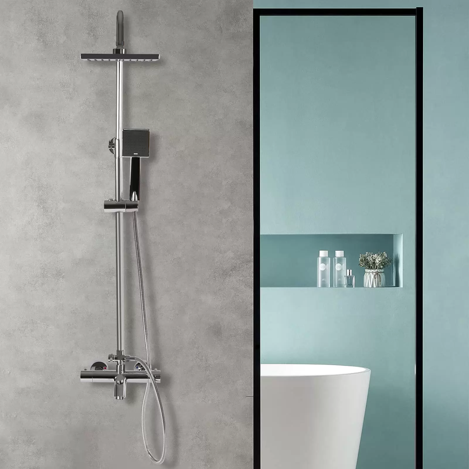 Duschsystem mit Thermostat, 304 Edelstahl Regen Dusche Dusche Armatur Set Bad Wasserhahn Thermostat Kupfer für Badezimmer