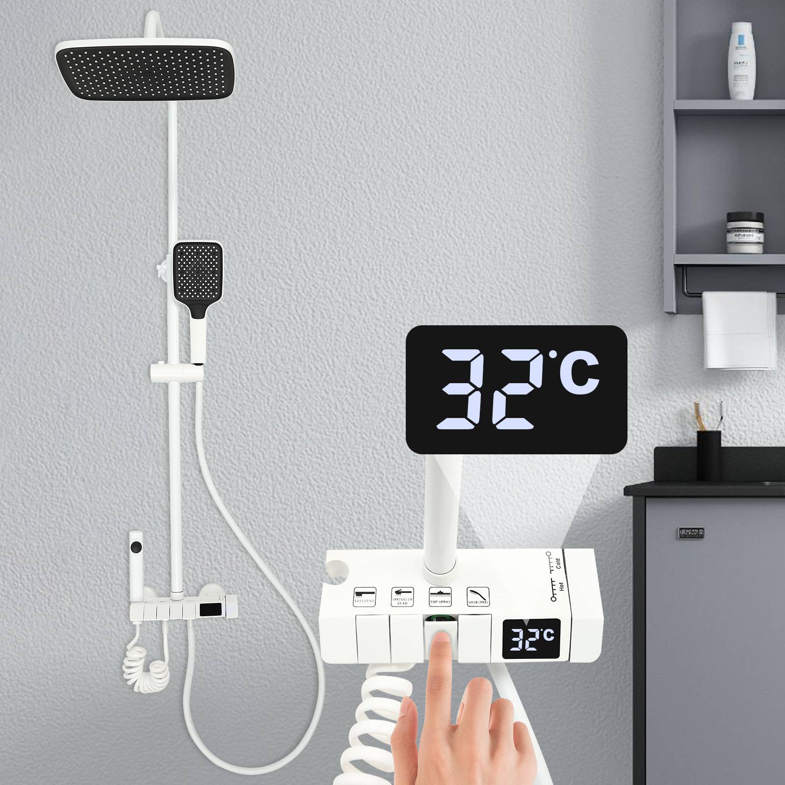 Duschset mit extragroßem Regenduschsystem, verschiedenen Wasserauslassmodi, einstellbarer Höhe (weiß)