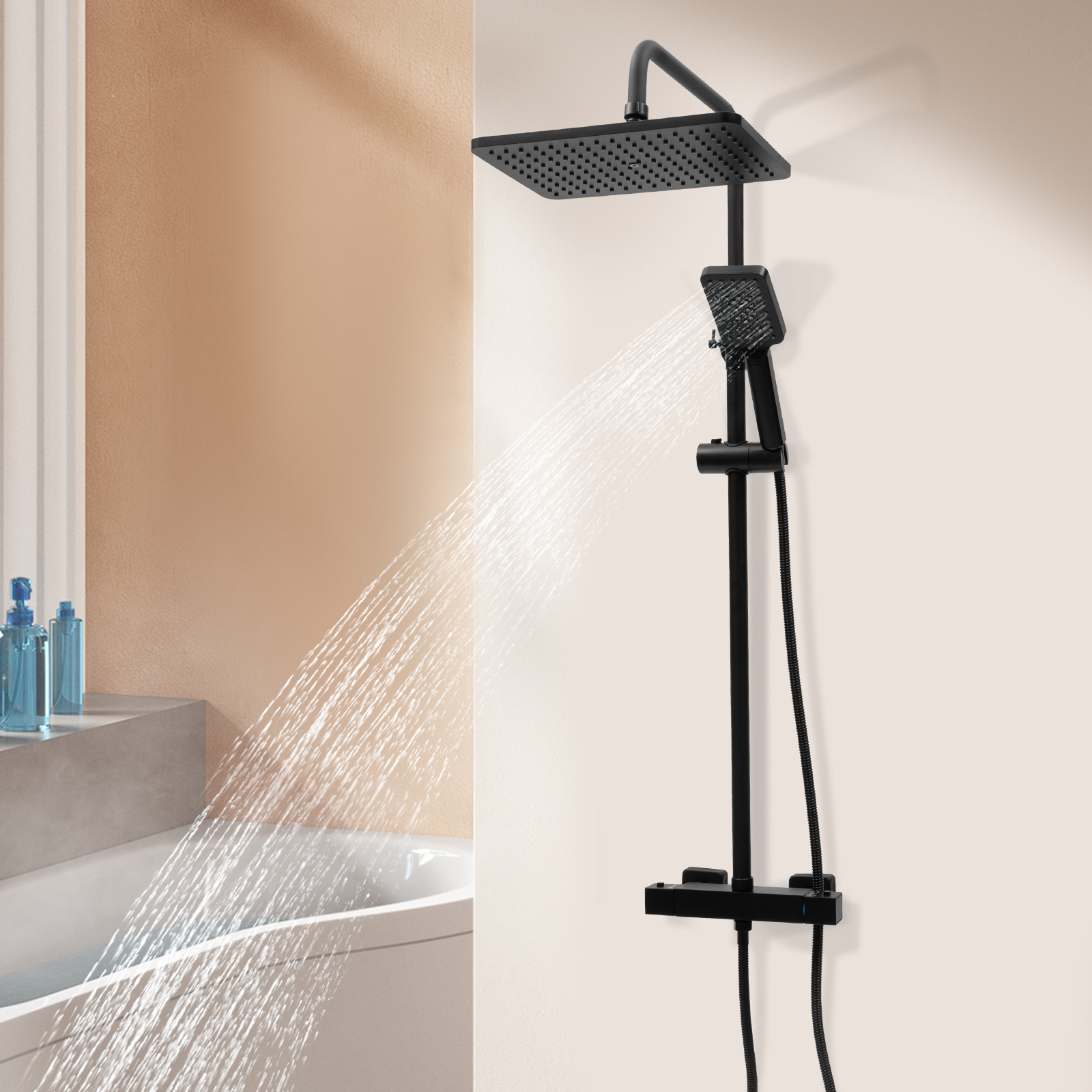 Quadratische Thermostat-Brausebatterie Badezimmer Regendusche Set Duschkopfsystem Schwarz
