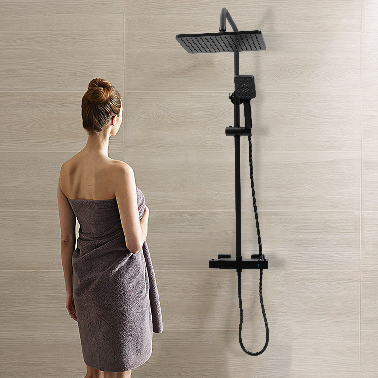 Quadratische Thermostat-Brausebatterie Badezimmer Regendusche Set Duschkopfsystem Schwarz