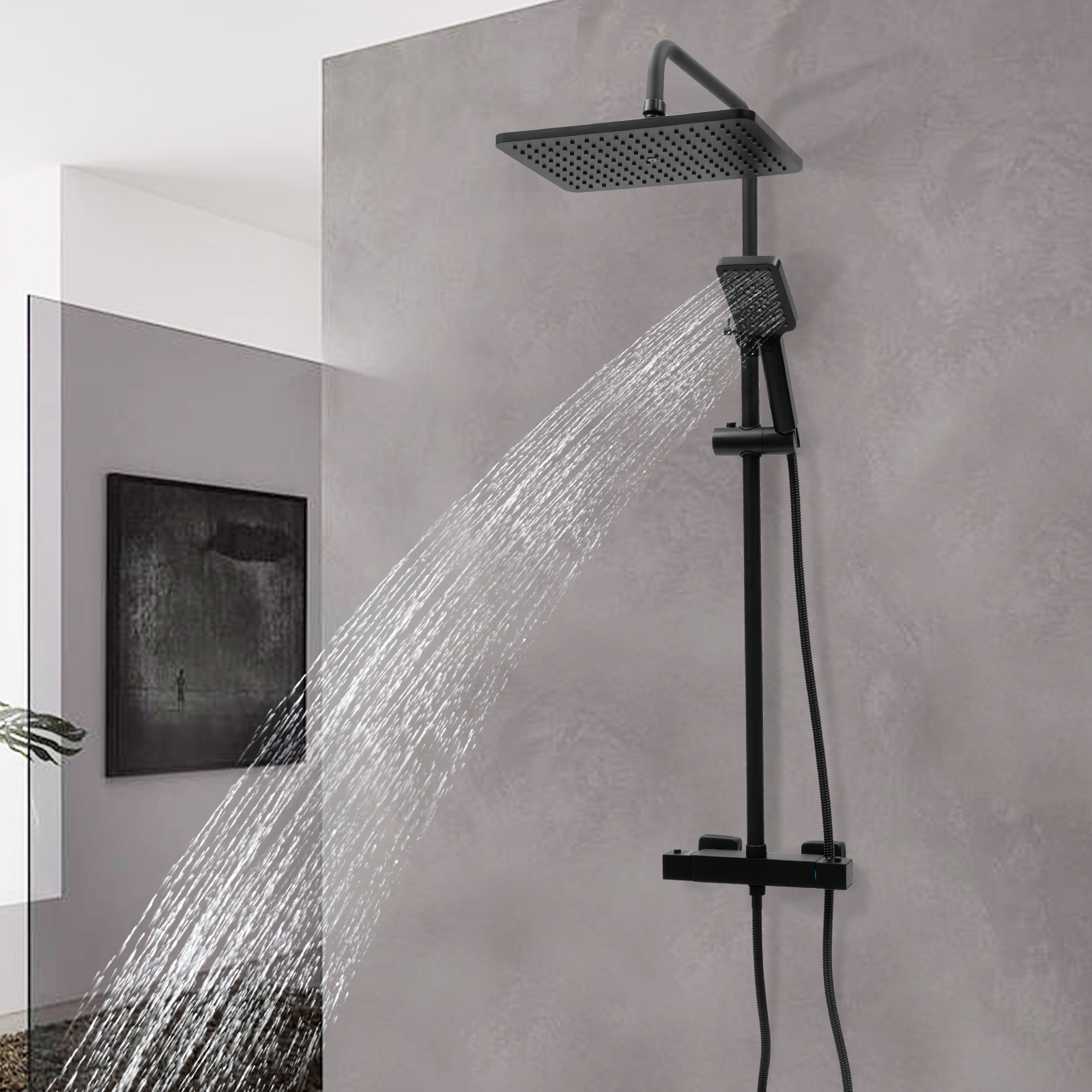 Quadratische Thermostat-Brausebatterie Badezimmer Regendusche Set Duschkopfsystem Schwarz