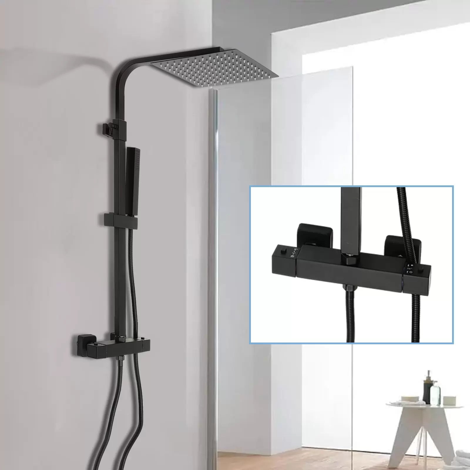 Thermostatisches Duschsystem, Regendusche mit Wasserhahn, Regenduschset mit Schlauch und Halterung, schwarz