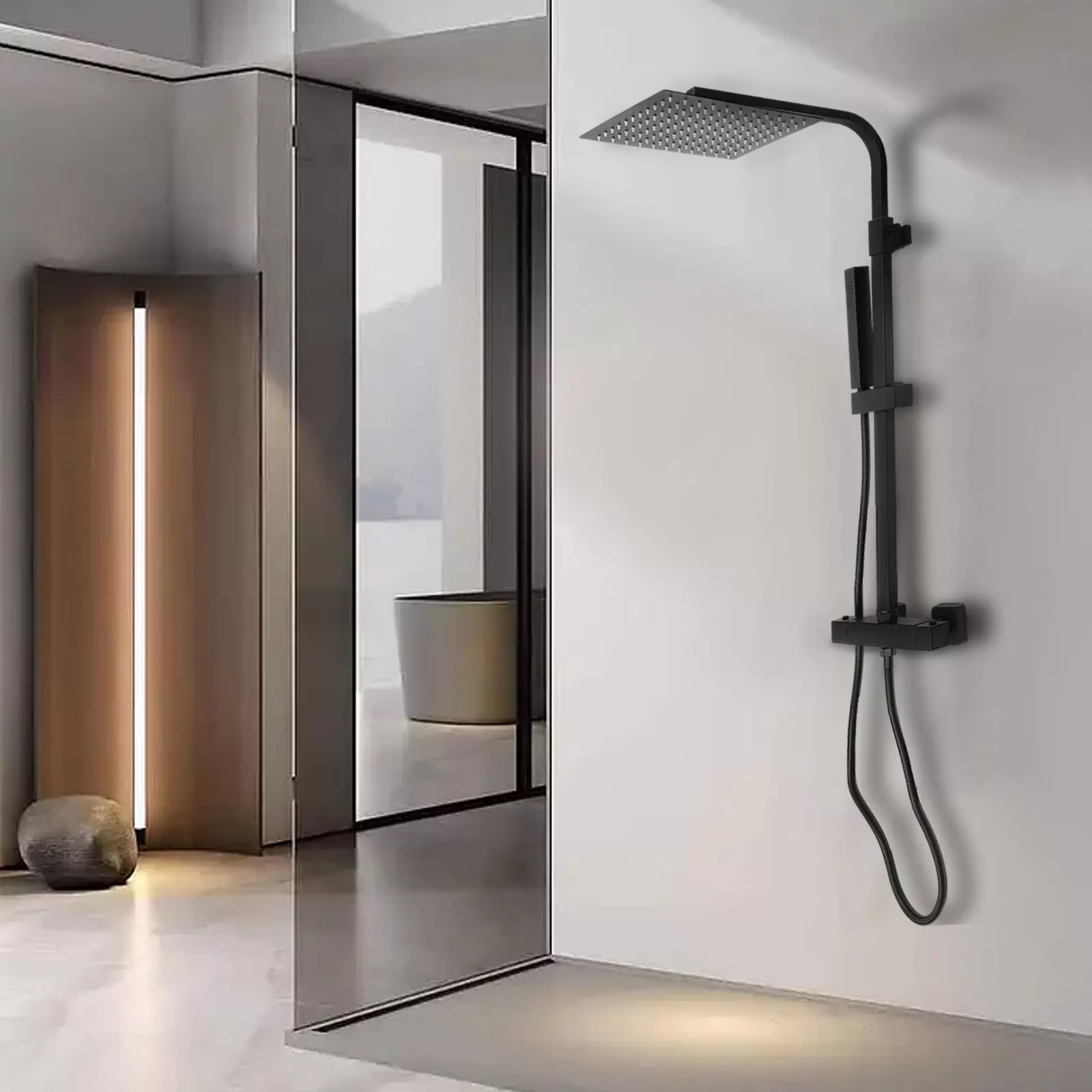 Thermostatisches Duschsystem, Regendusche mit Wasserhahn, Regenduschset mit Schlauch und Halterung, schwarz