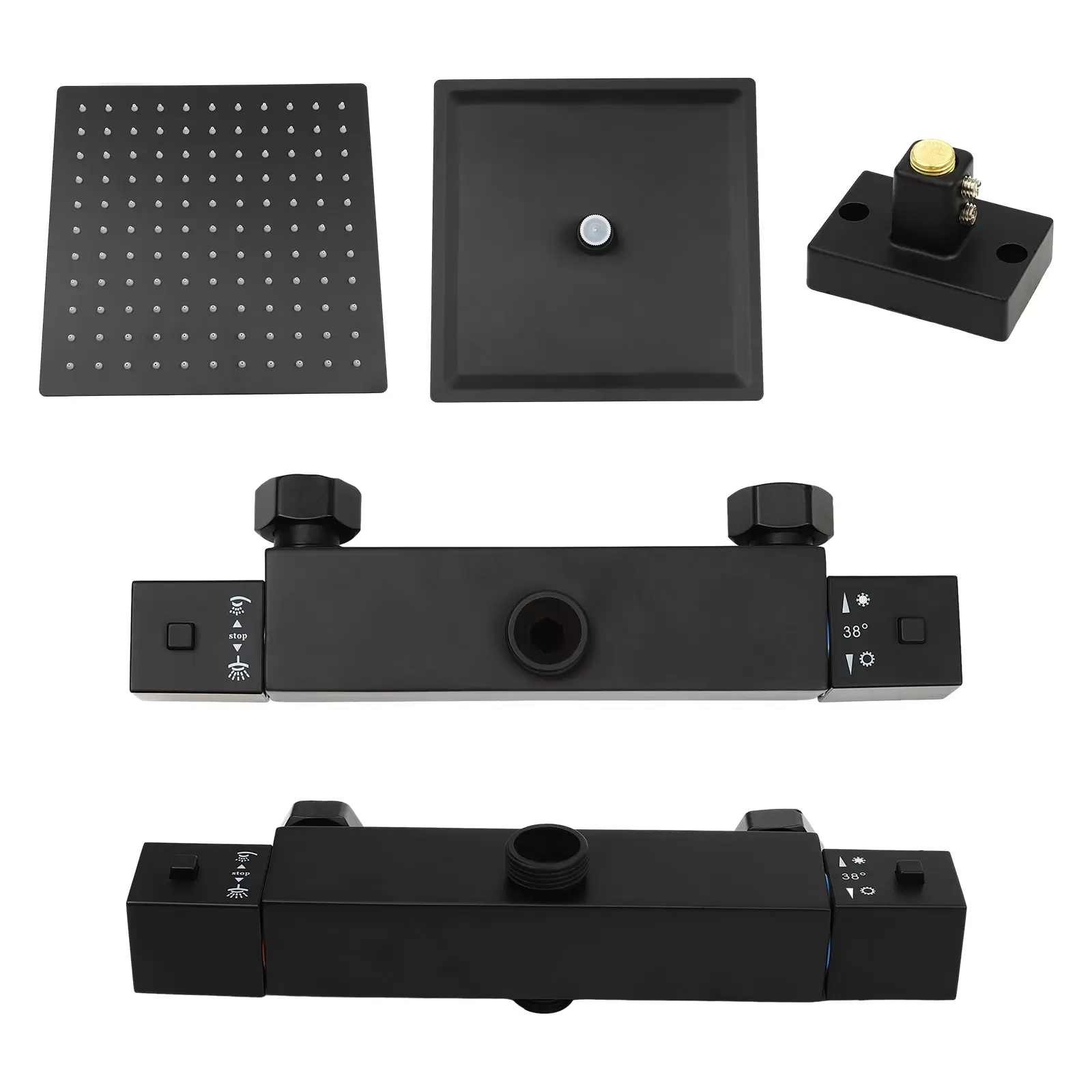 Thermostatisches Duschsystem, Regendusche mit Wasserhahn, Regenduschset mit Schlauch und Halterung, schwarz