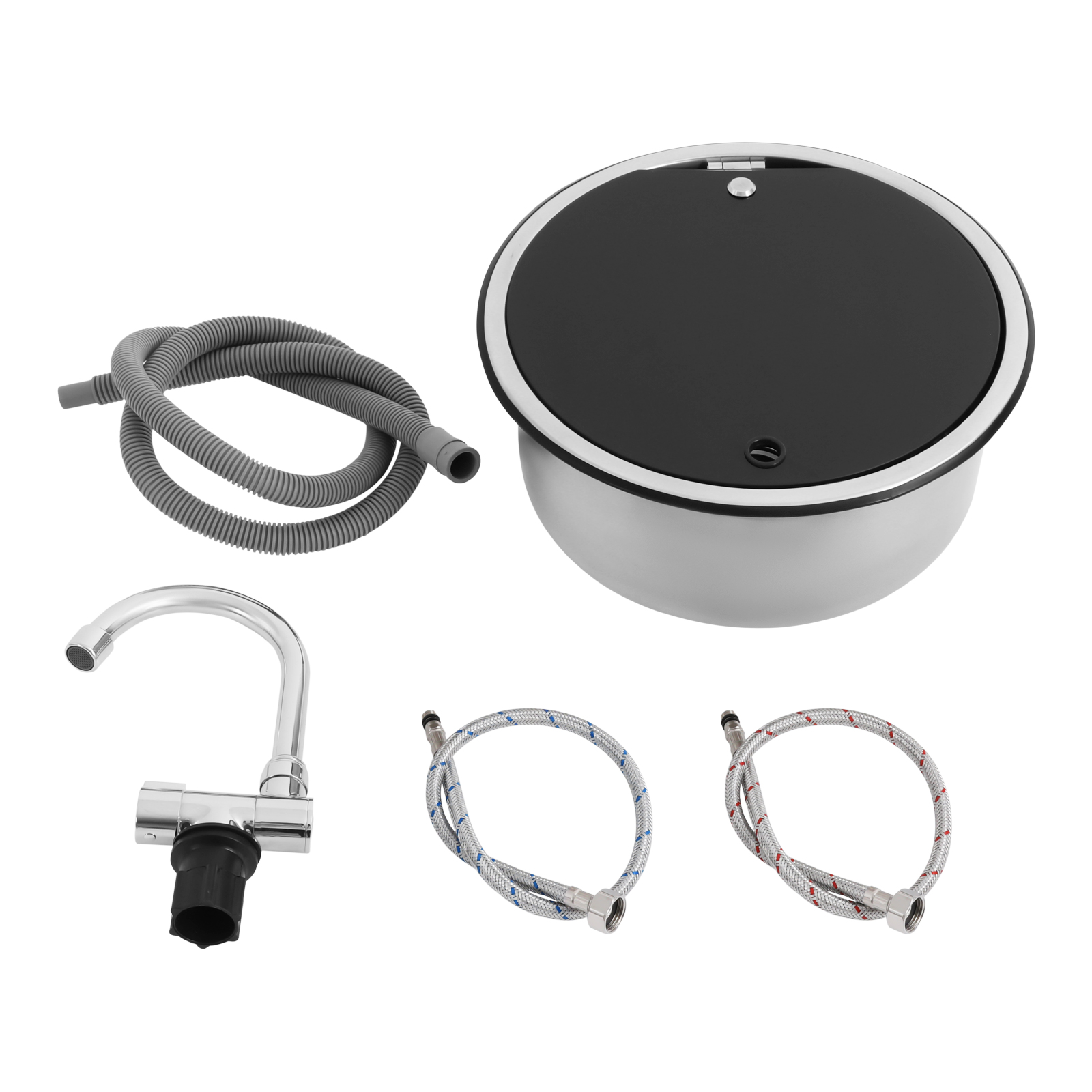 340 x 340 mm Wohnmobil-Küchenspüle, Wohnmobil-Küchenspüle mit klappbarem Wasserhahn, Edelstahl-Wohnmobil-Küchenspüle