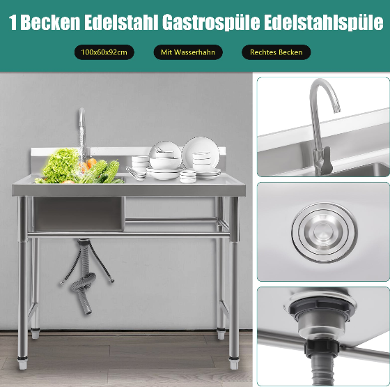 Edelstahl-Spüle Freistehend – 100x60x93 Cm, 1 Becken (links), Mit Wasserhahn, Abfluss & Verstellbaren Füßen