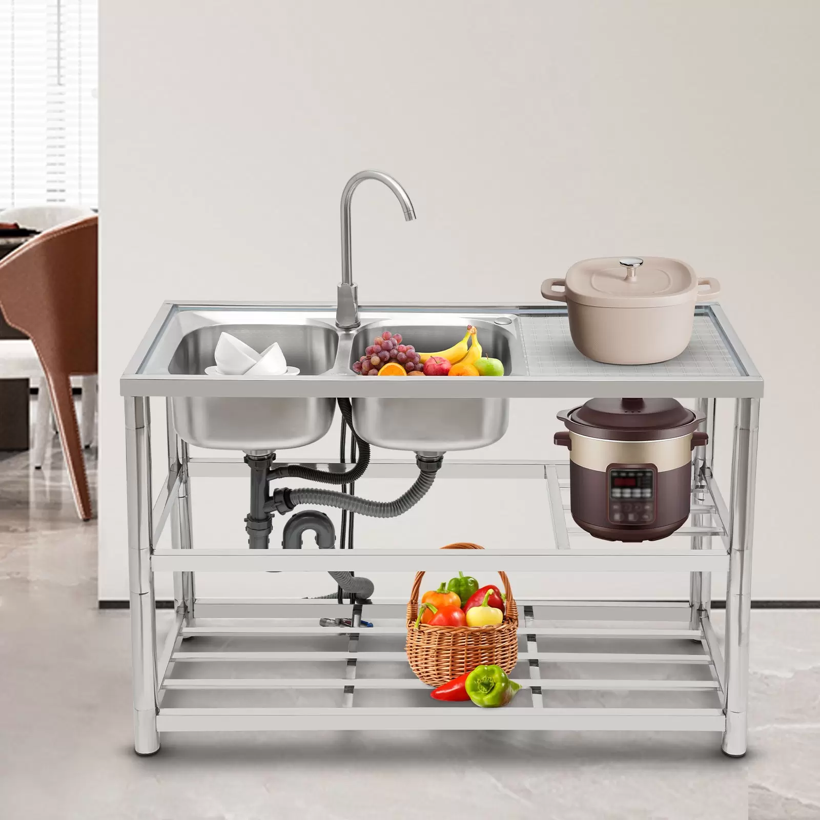 120 Left Doppelbecken, dreilagig, mit Warm- und Kaltwasserhahn, freistehendes Küchenspülen-Set, Edelstahlspüle 120 Left Doppelbecken, dreilagig, mit Warm- und Kaltwasserhahn, freistehendes Küchenspülen-Set, Edelstahlspüle