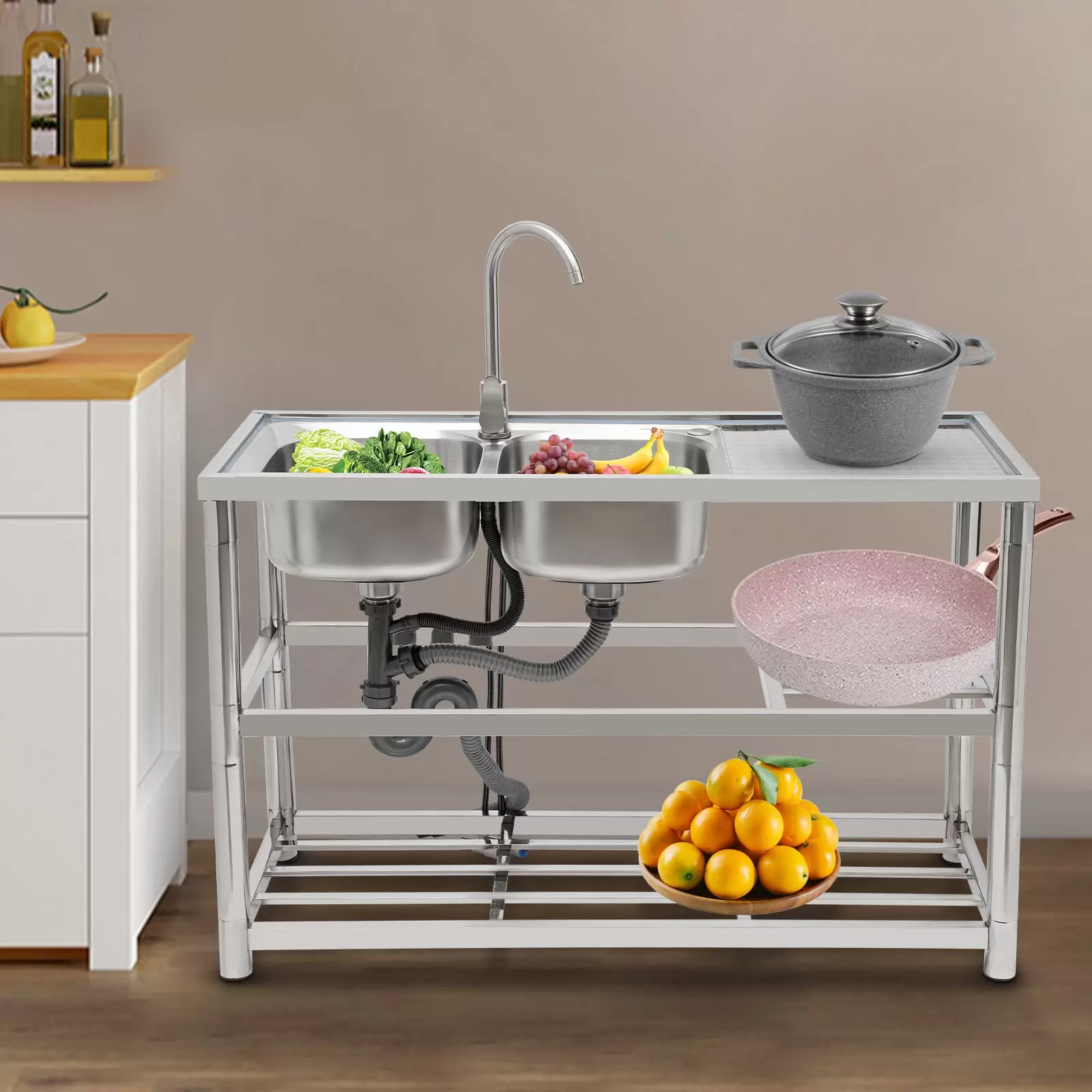 120 Left Doppelbecken, dreilagig, mit Warm- und Kaltwasserhahn, freistehendes Küchenspülen-Set, Edelstahlspüle 120 Left Doppelbecken, dreilagig, mit Warm- und Kaltwasserhahn, freistehendes Küchenspülen-Set, Edelstahlspüle