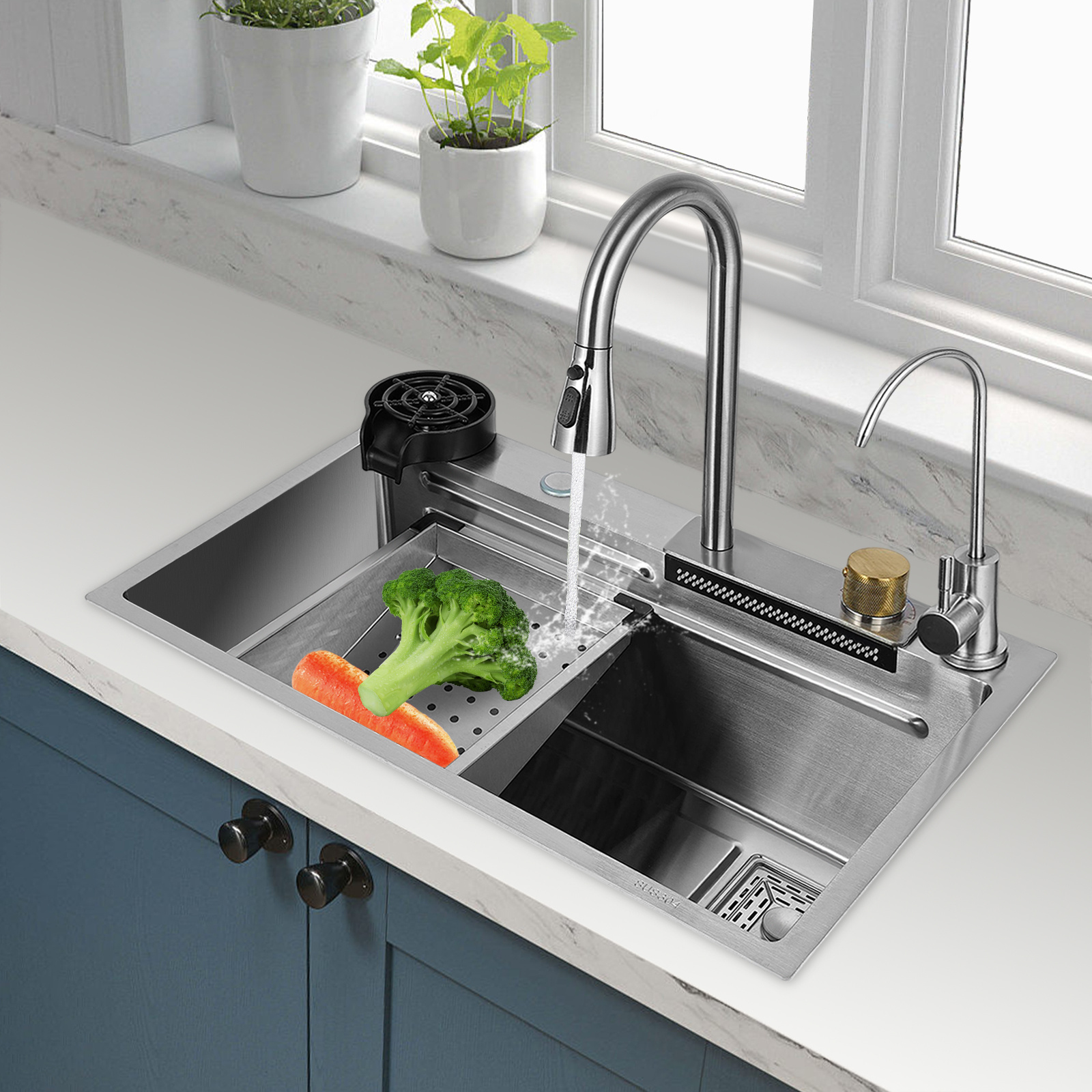 Küchenspüle Einzelbecken Wasserfall Barspüle Edelstahl Einbauspüle mit abnehmbarem Wasserhahn 68cm Küchenspüle Einzelbecken Wasserfall Barspüle Edelstahl Einbauspüle mit abnehmbarem Wasserhahn 68cm