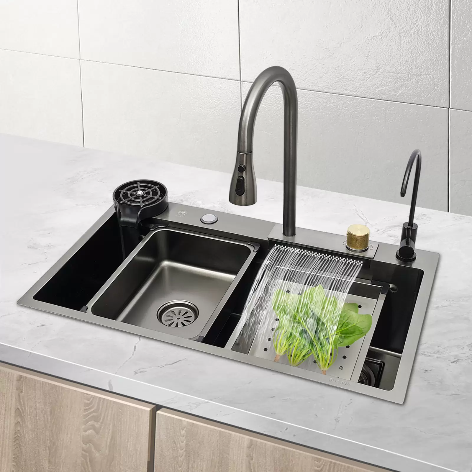 Küchenspüle, Einzelbecken, Wasserfall-Barspüle, integrierte Edelstahlspüle mit Wasserhahn, Silber (75 cm)