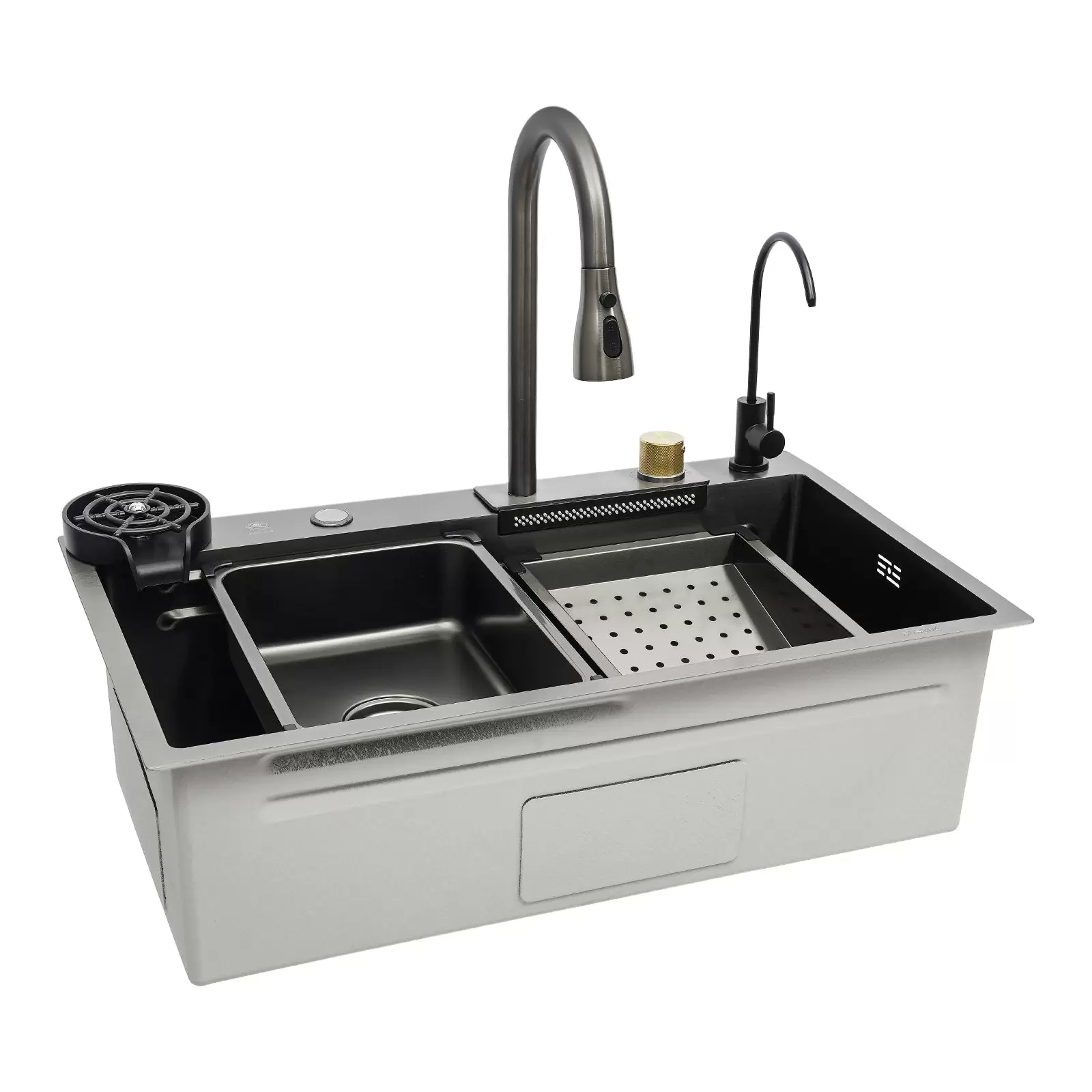Küchenspüle, Einzelbecken, Wasserfall-Barspüle, integrierte Edelstahlspüle mit Wasserhahn, Silber (75 cm)
