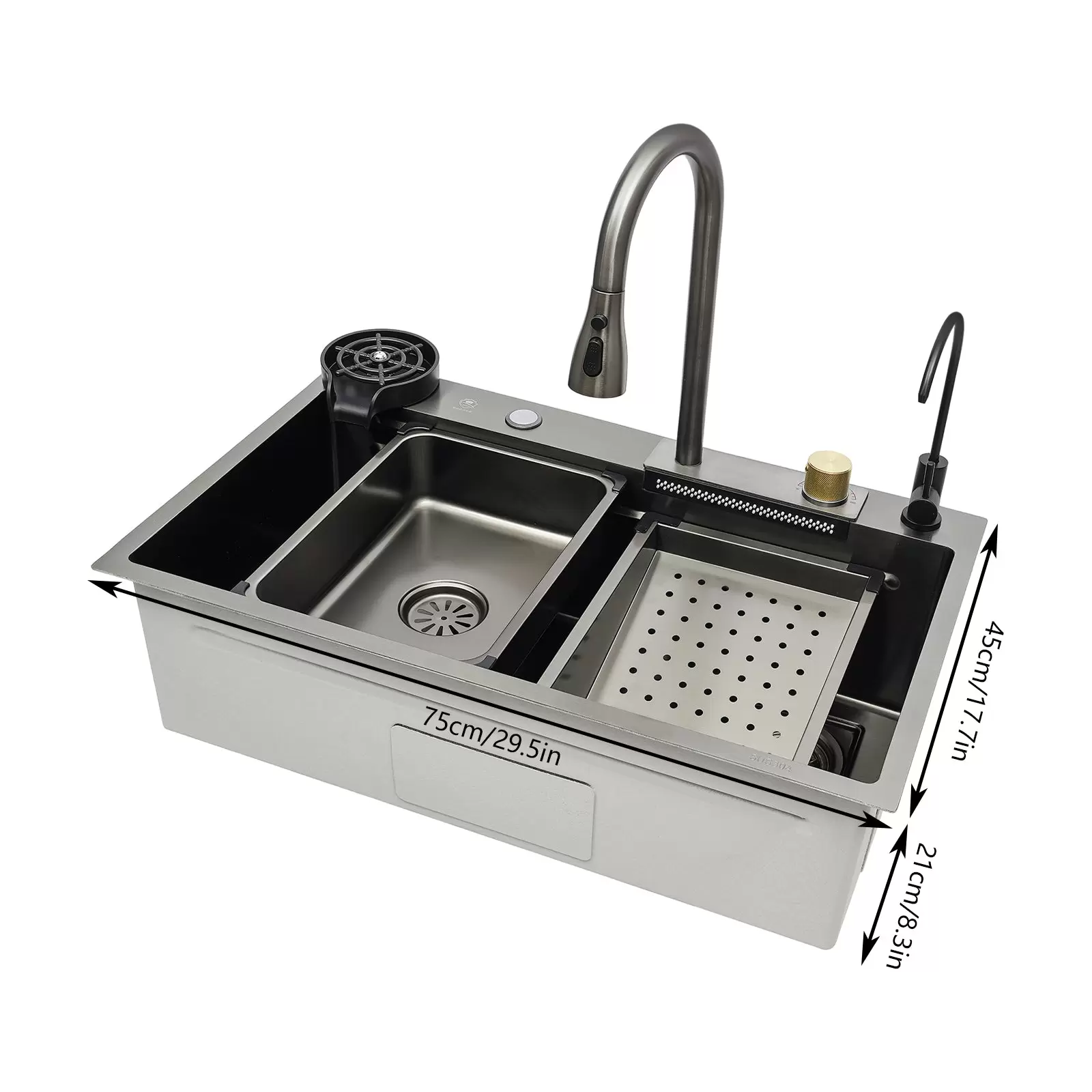 Küchenspüle, Einzelbecken, Wasserfall-Barspüle, integrierte Edelstahlspüle mit Wasserhahn, Silber (75 cm)