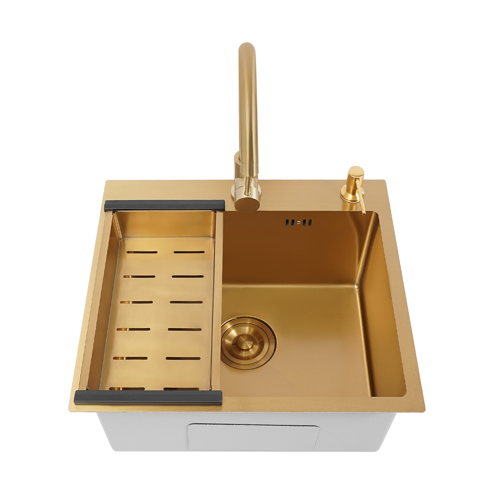 50 x 45 cm, goldene Spüle + Abtropffläche + goldener Seifenspender + goldener Wasserhahn (ohne Logo) – ideal für Haushalt, Küche und Restaurant.