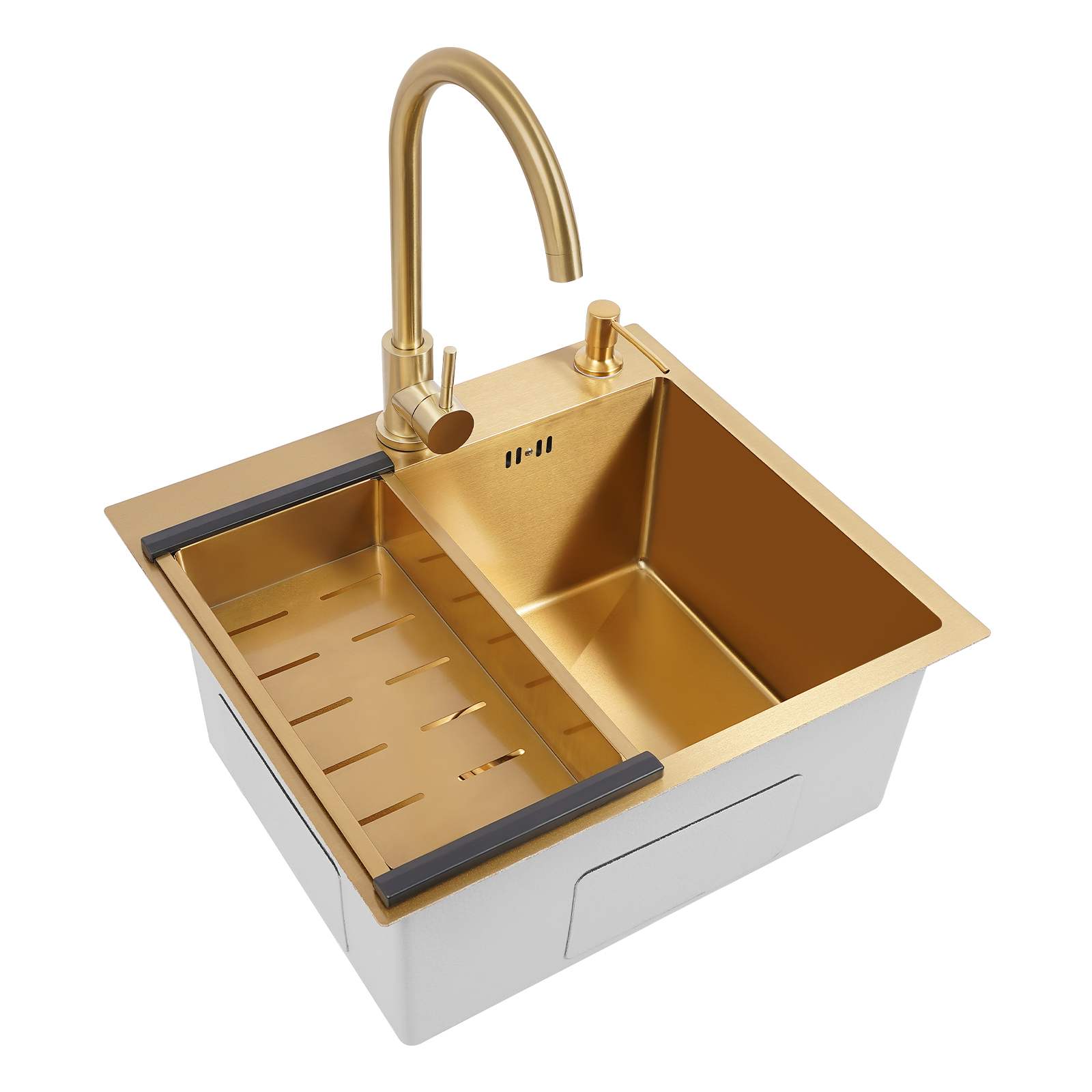 50 x 45 cm, goldene Spüle + Abtropffläche + goldener Seifenspender + goldener Wasserhahn (ohne Logo) – ideal für Haushalt, Küche und Restaurant.