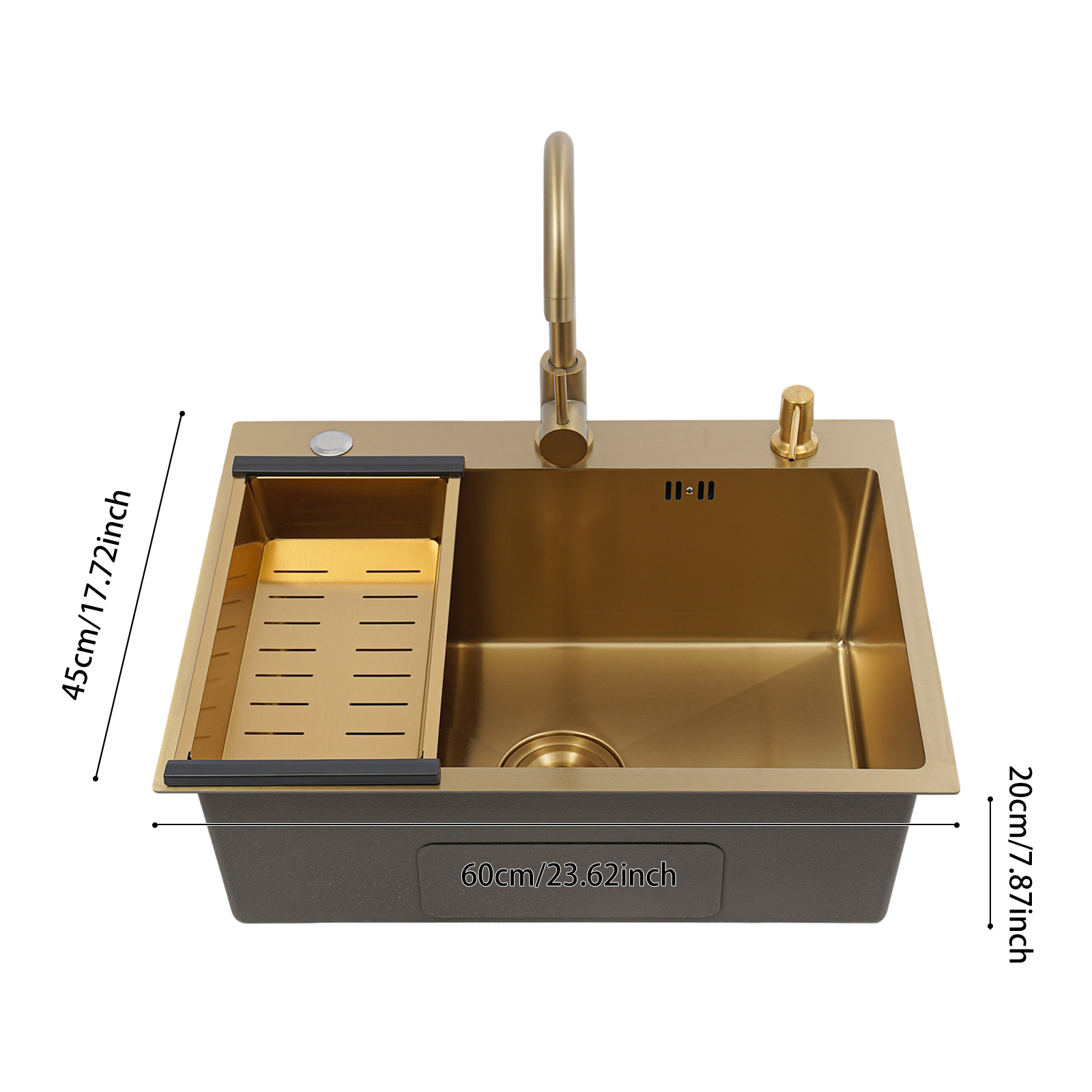 Rechteckige Spüle mit Abtropfkorb, Einzelbecken-Küchenspüle – Goldspüle + Abtropfgarnitur + Goldseifenspender + Goldhahn + Goldabtropfkorb Rechteckige Spüle mit Abtropfkorb, Einzelbecken-Küchenspüle – Goldspüle + Abtropfgarnitur + Goldseifenspender + Goldhahn + Goldabtropfkorb