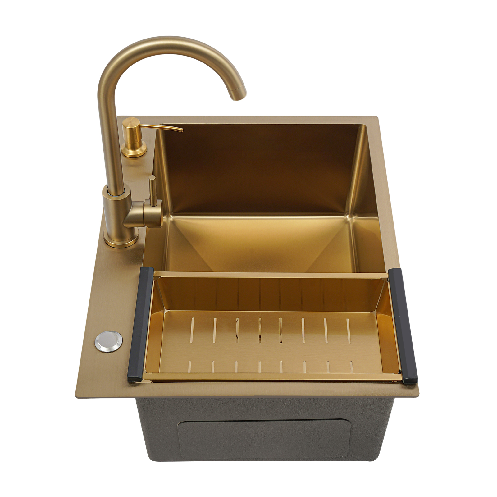 Rechteckige Spüle mit Abtropfkorb, Einzelbecken-Küchenspüle – Goldspüle + Abtropfgarnitur + Goldseifenspender + Goldhahn + Goldabtropfkorb Rechteckige Spüle mit Abtropfkorb, Einzelbecken-Küchenspüle – Goldspüle + Abtropfgarnitur + Goldseifenspender + Goldhahn + Goldabtropfkorb