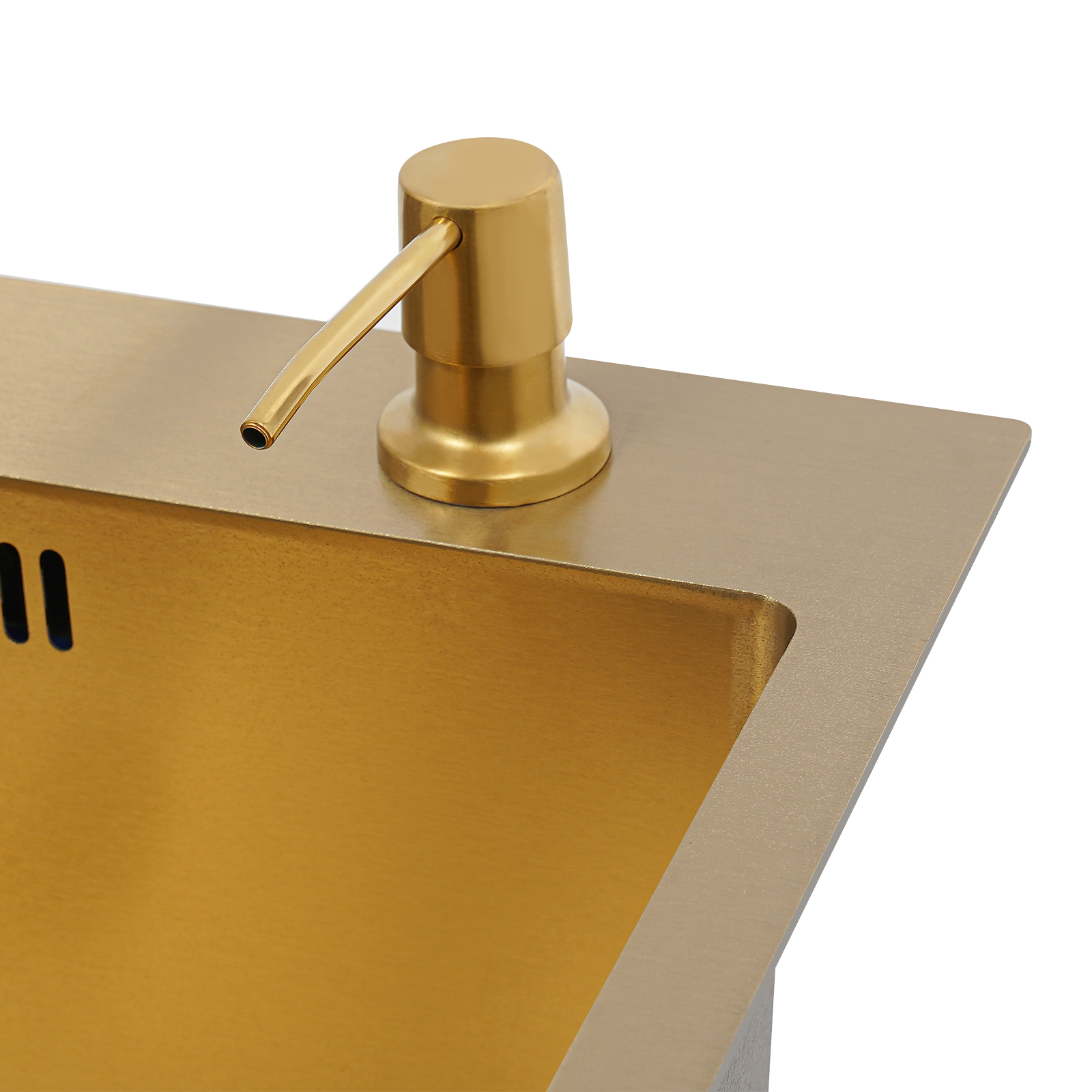 Rechteckige Spüle mit Abtropfkorb, Einzelbecken-Küchenspüle – Goldspüle + Abtropfgarnitur + Goldseifenspender + Goldhahn + Goldabtropfkorb Rechteckige Spüle mit Abtropfkorb, Einzelbecken-Küchenspüle – Goldspüle + Abtropfgarnitur + Goldseifenspender + Goldhahn + Goldabtropfkorb