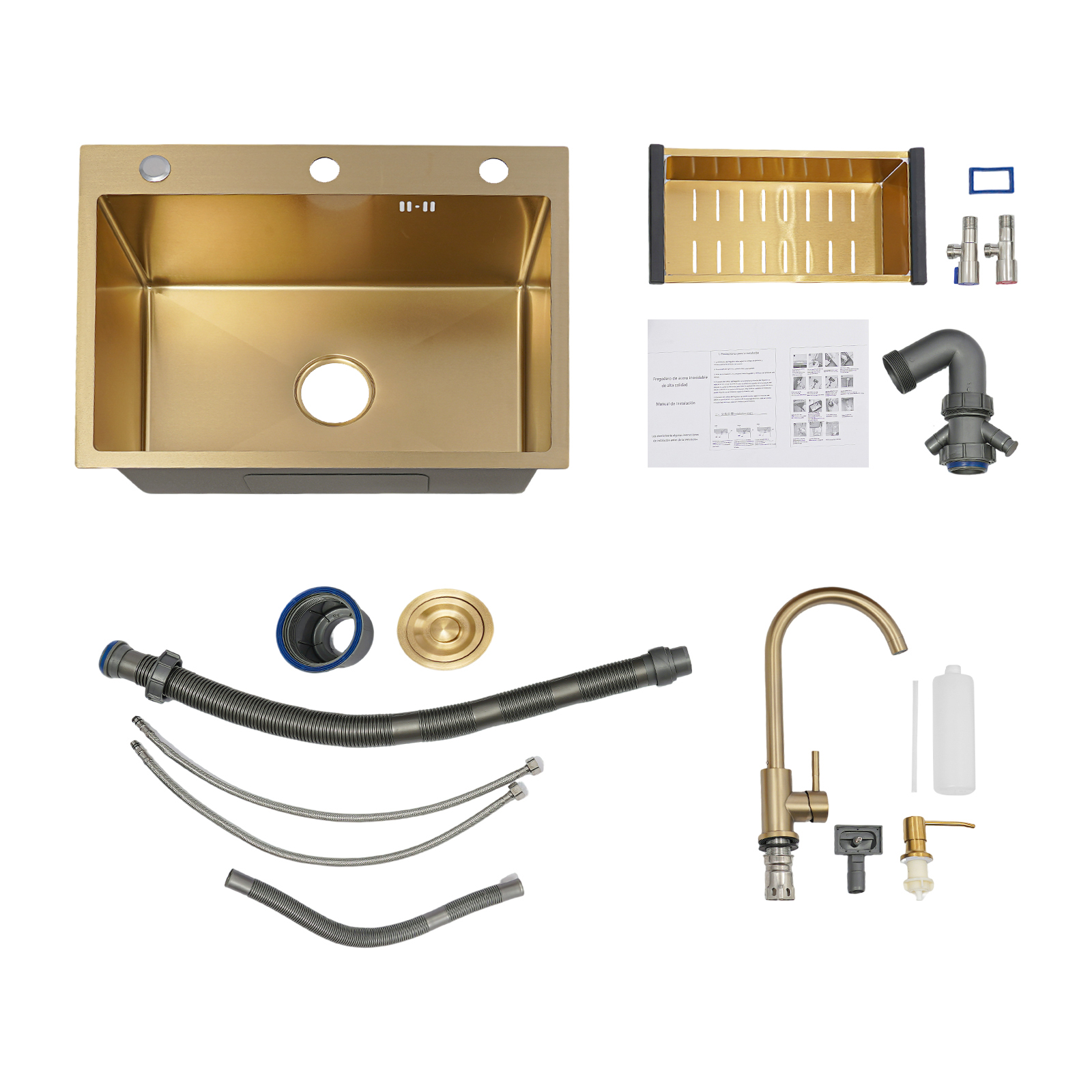 Rechteckige Spüle mit Abtropfkorb, Einzelbecken-Küchenspüle – Goldspüle + Abtropfgarnitur + Goldseifenspender + Goldhahn + Goldabtropfkorb Rechteckige Spüle mit Abtropfkorb, Einzelbecken-Küchenspüle – Goldspüle + Abtropfgarnitur + Goldseifenspender + Goldhahn + Goldabtropfkorb