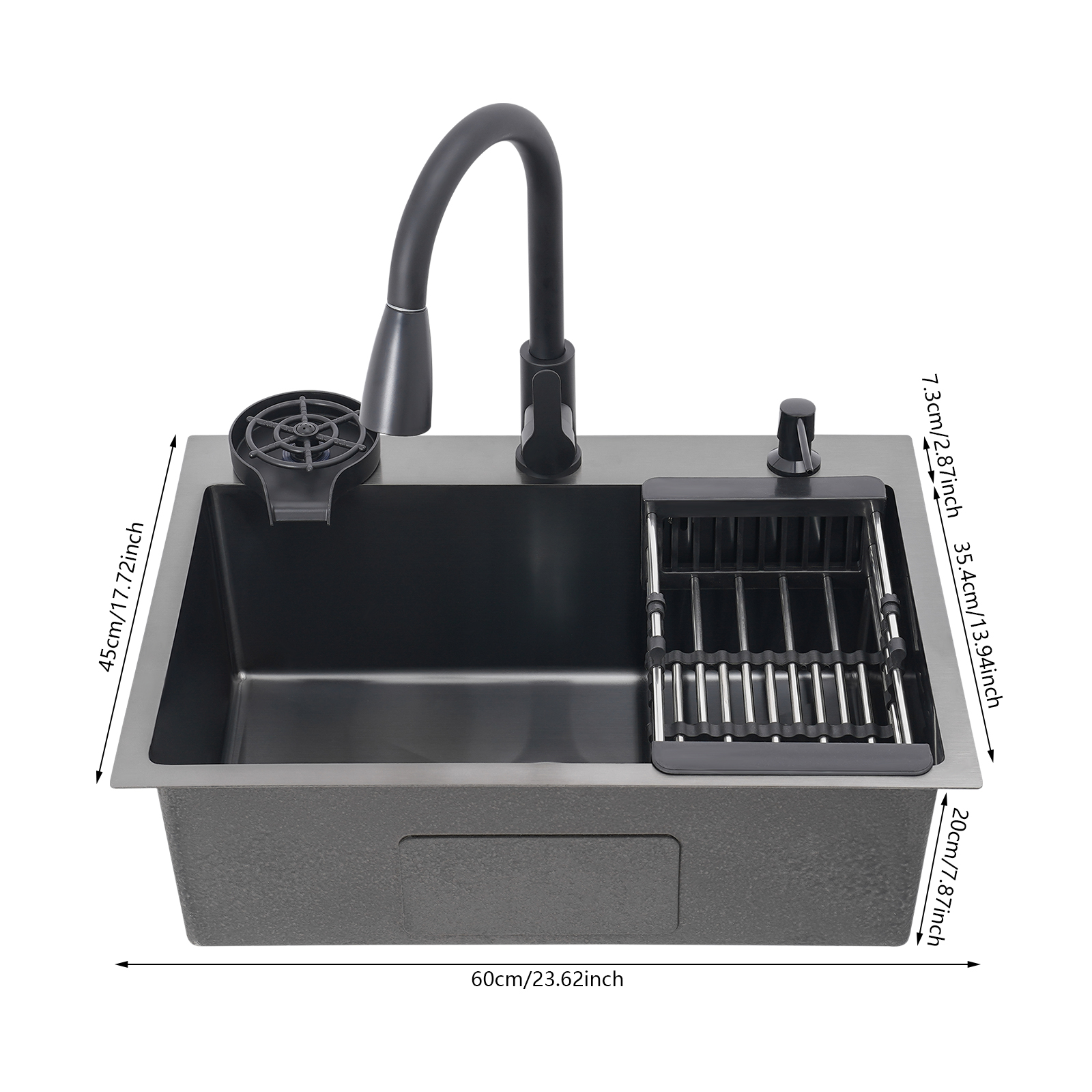 Schwarzes Küchenspülen-Set, Einzelbecken-Barspüle mit ausziehbarem Wasserhahn + Seifenspender + Tassenspüler + Abtropfkorb + Abtropffläche