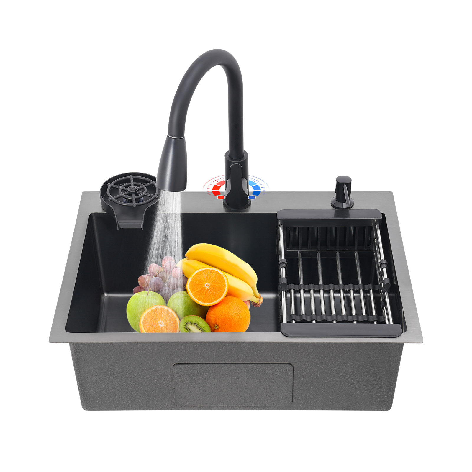 Schwarzes Küchenspülen-Set, Einzelbecken-Barspüle mit ausziehbarem Wasserhahn + Seifenspender + Tassenspüler + Abtropfkorb + Abtropffläche