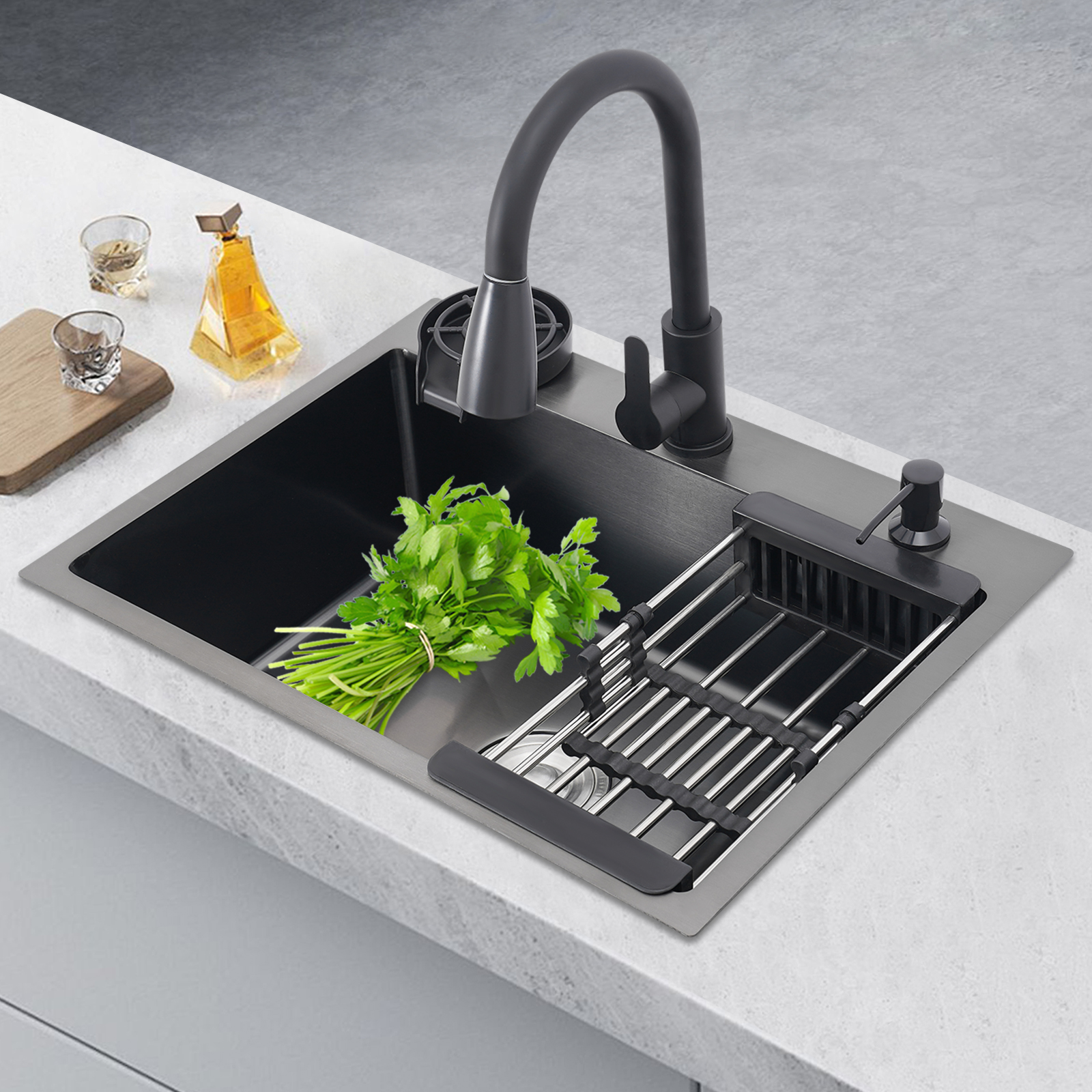 Schwarzes Küchenspülen-Set, Einzelbecken-Barspüle mit ausziehbarem Wasserhahn + Seifenspender + Tassenspüler + Abtropfkorb + Abtropffläche