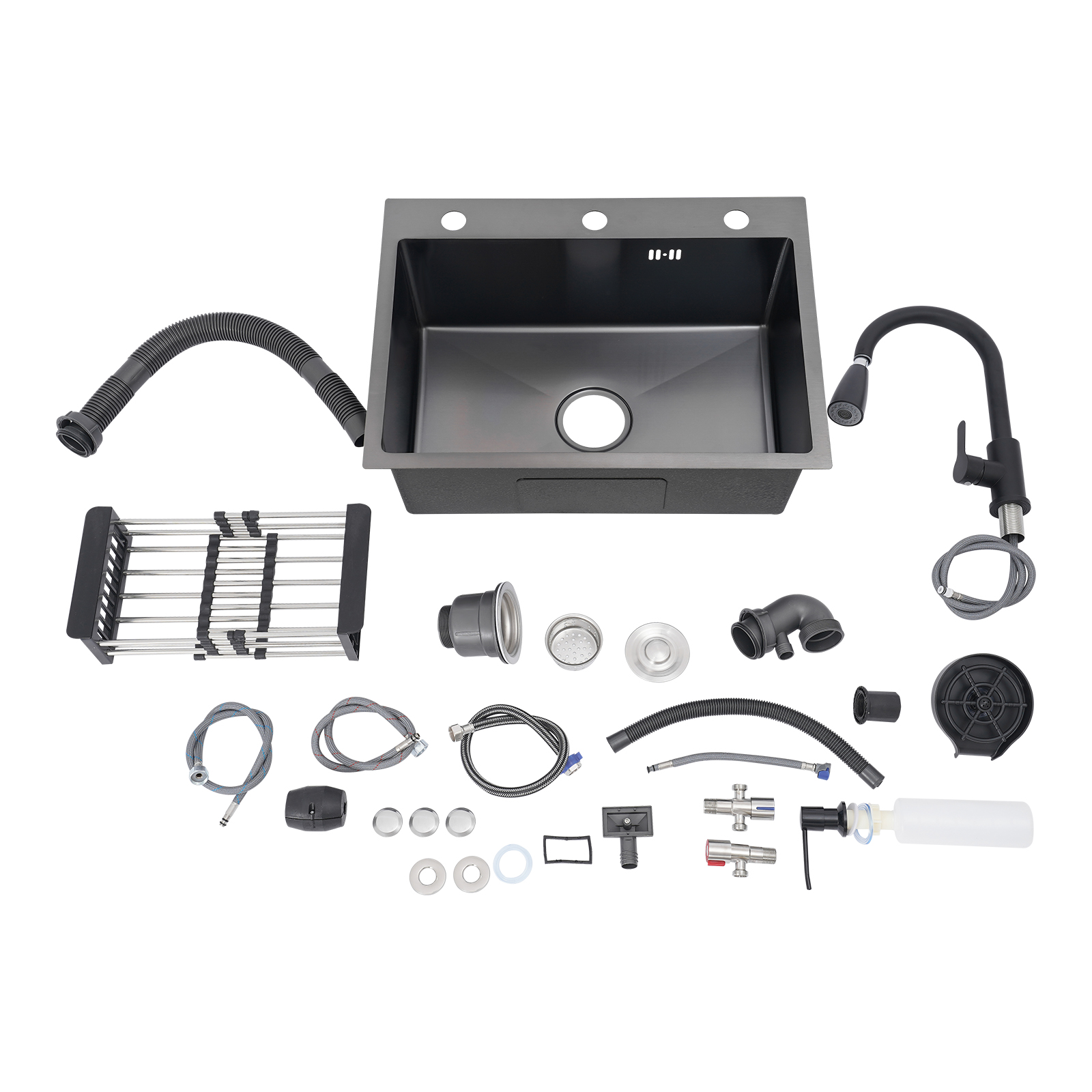 Schwarzes Küchenspülen-Set, Einzelbecken-Barspüle mit ausziehbarem Wasserhahn + Seifenspender + Tassenspüler + Abtropfkorb + Abtropffläche