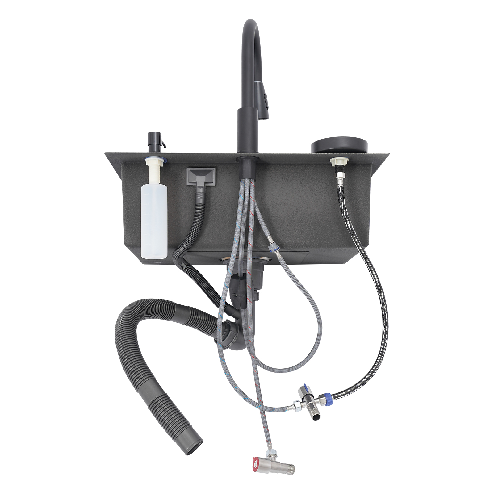 Schwarzes Küchenspülen-Set, Einzelbecken-Barspüle mit ausziehbarem Wasserhahn + Seifenspender + Tassenspüler + Abtropfkorb + Abtropffläche