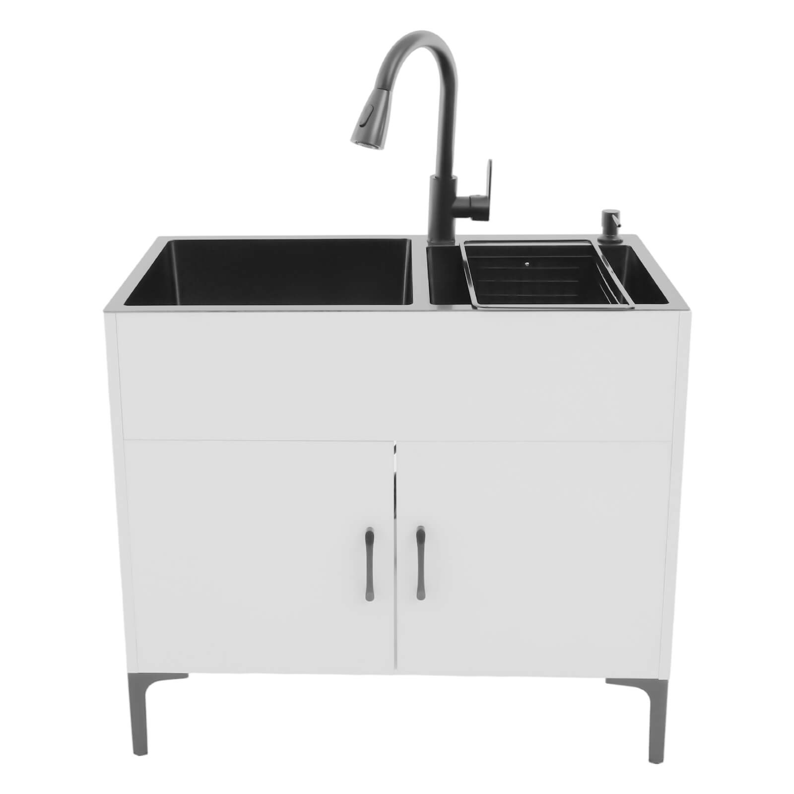 Waschbecken mit Unterschrank, Waschbecken mit ausziehbarer Armatur und Unterschrank, freistehendes Küchenwaschbecken – Weiß
