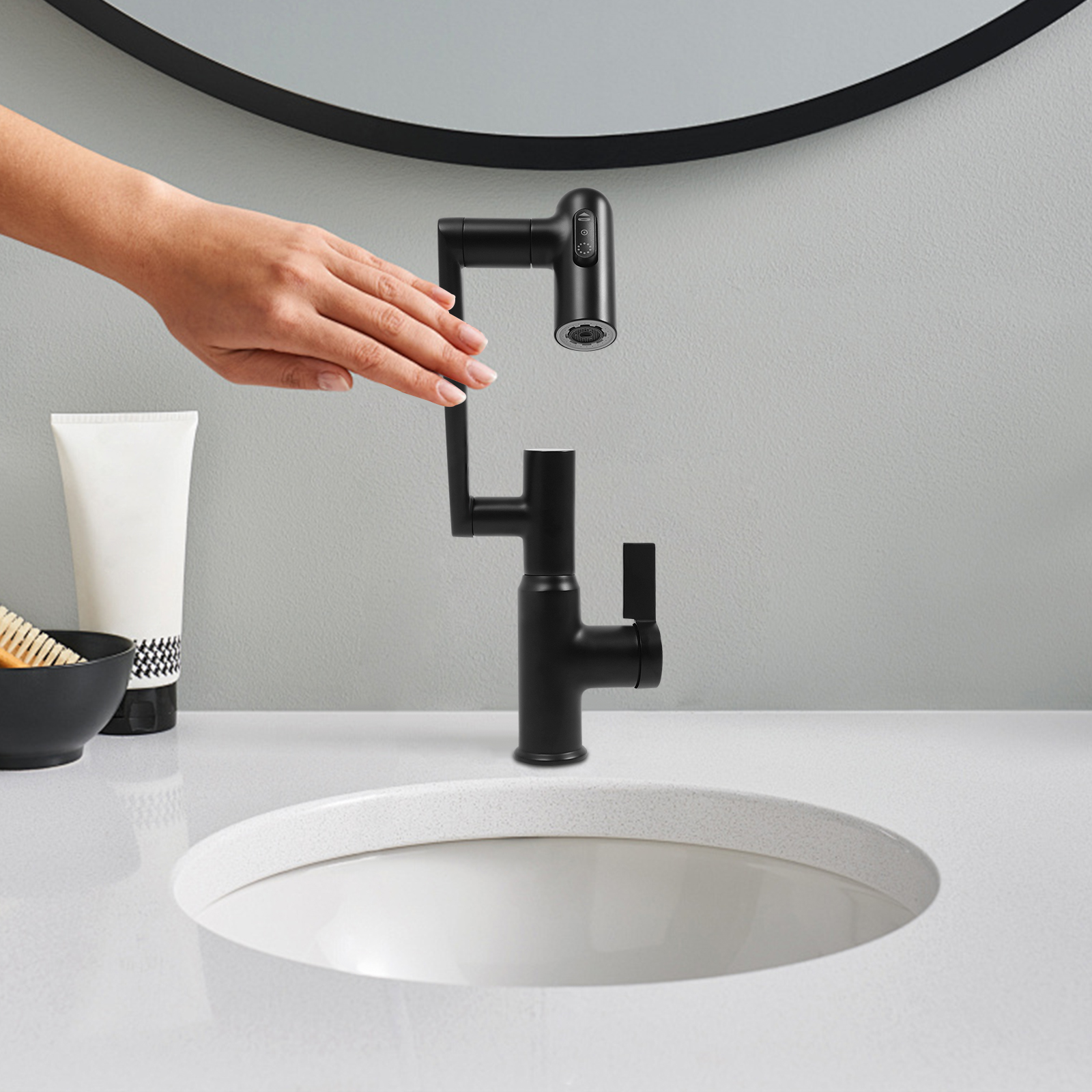 Rotatable Faucet, Faucet with LED Temperature Display, Bathroom Faucet for Homes, Bathrooms, Shopping Malls - Black