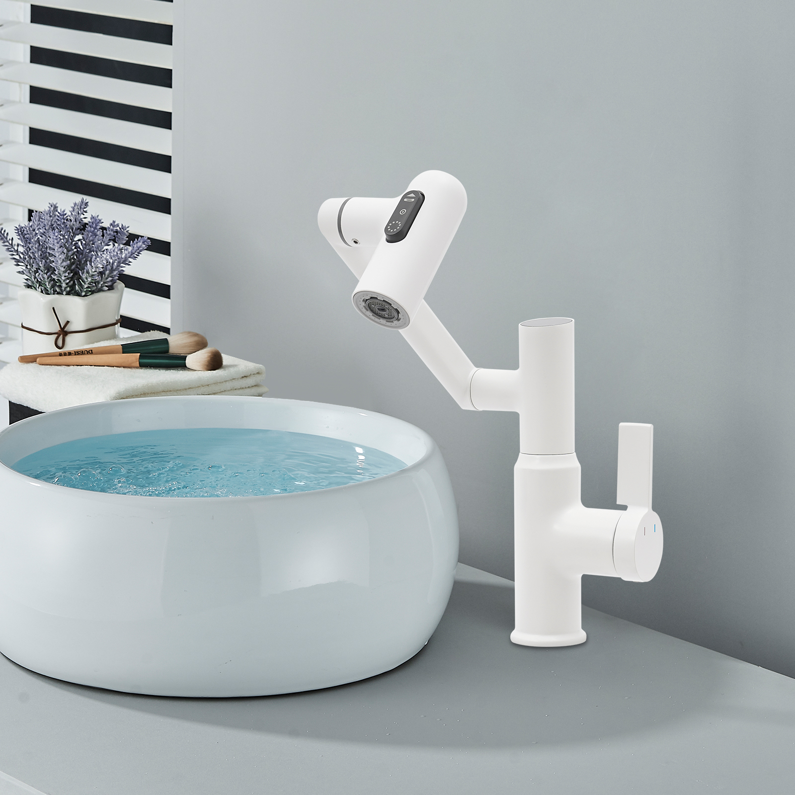 Rotatable Faucet, Faucet with LED Temperature Display, Bathroom Faucet for Homes, Bathrooms, Shopping Malls - White