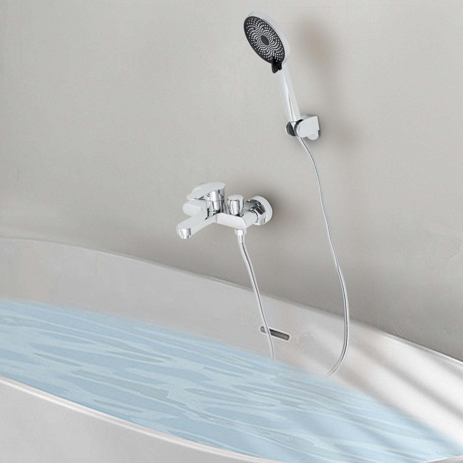 Wandmontierte Wannenbatterie mit 3 Funktionen und Handbrause