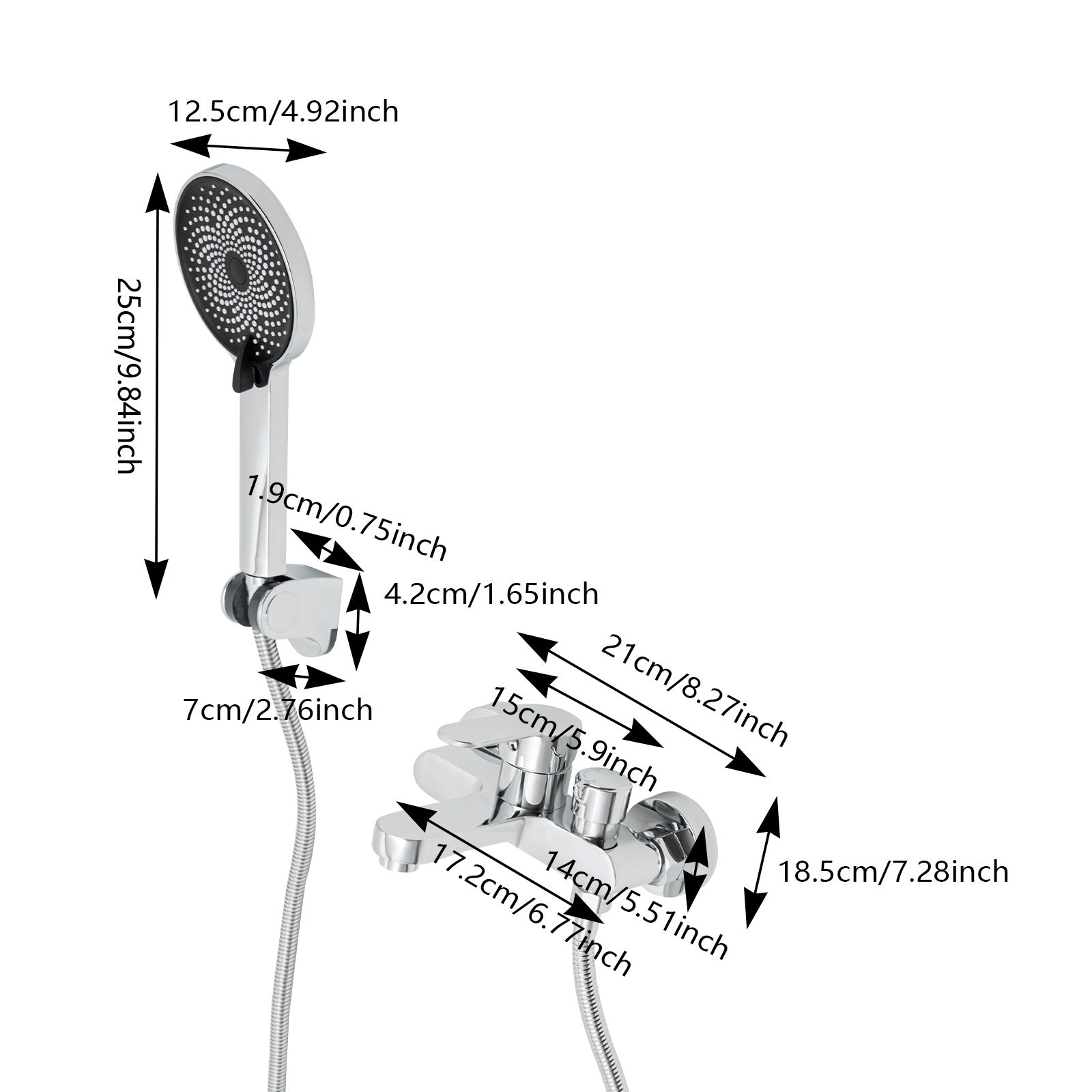 Wandmontierte Wannenbatterie mit 3 Funktionen und Handbrause