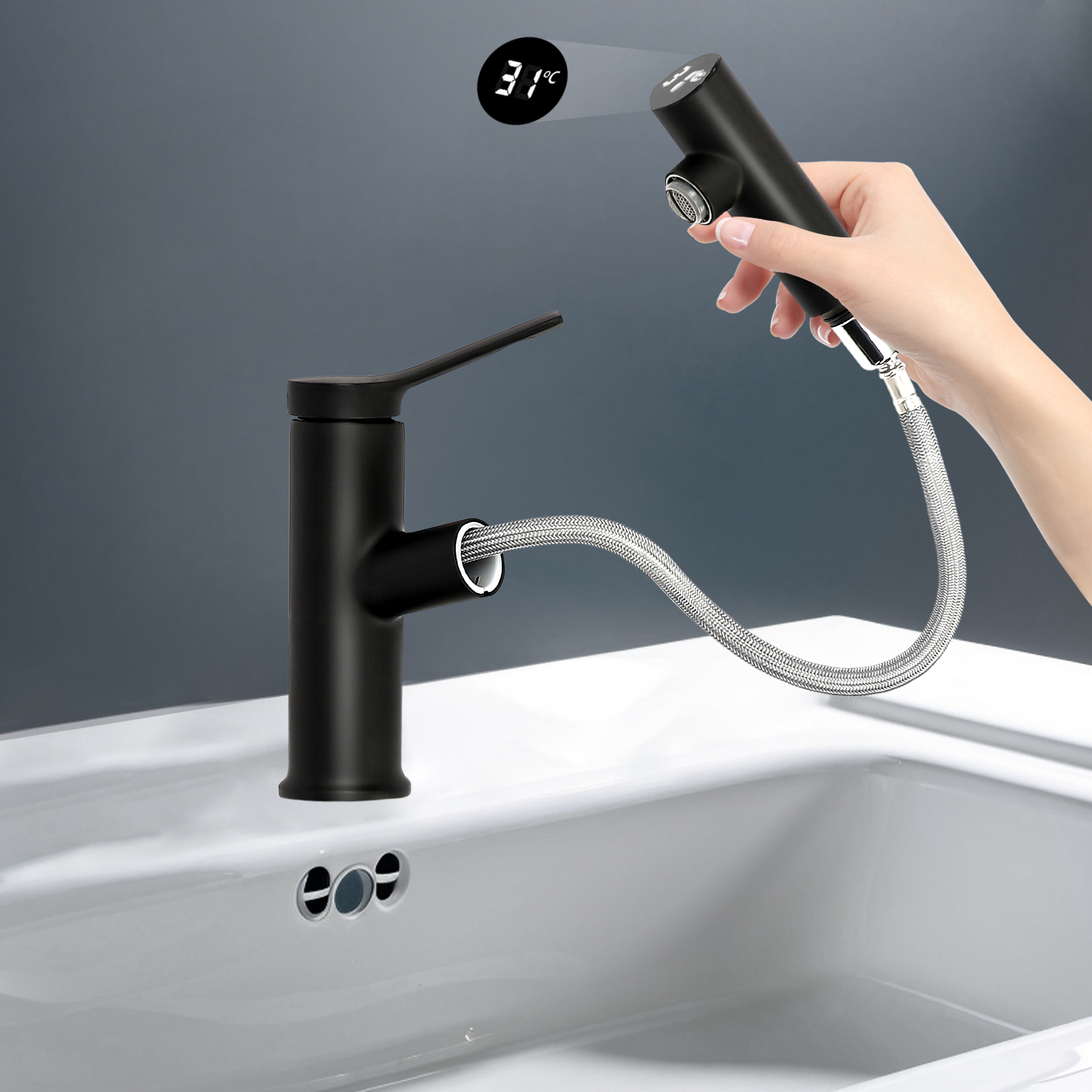 Badezimmer-Wasserhahn mit versenkbarer Temperaturanzeige
